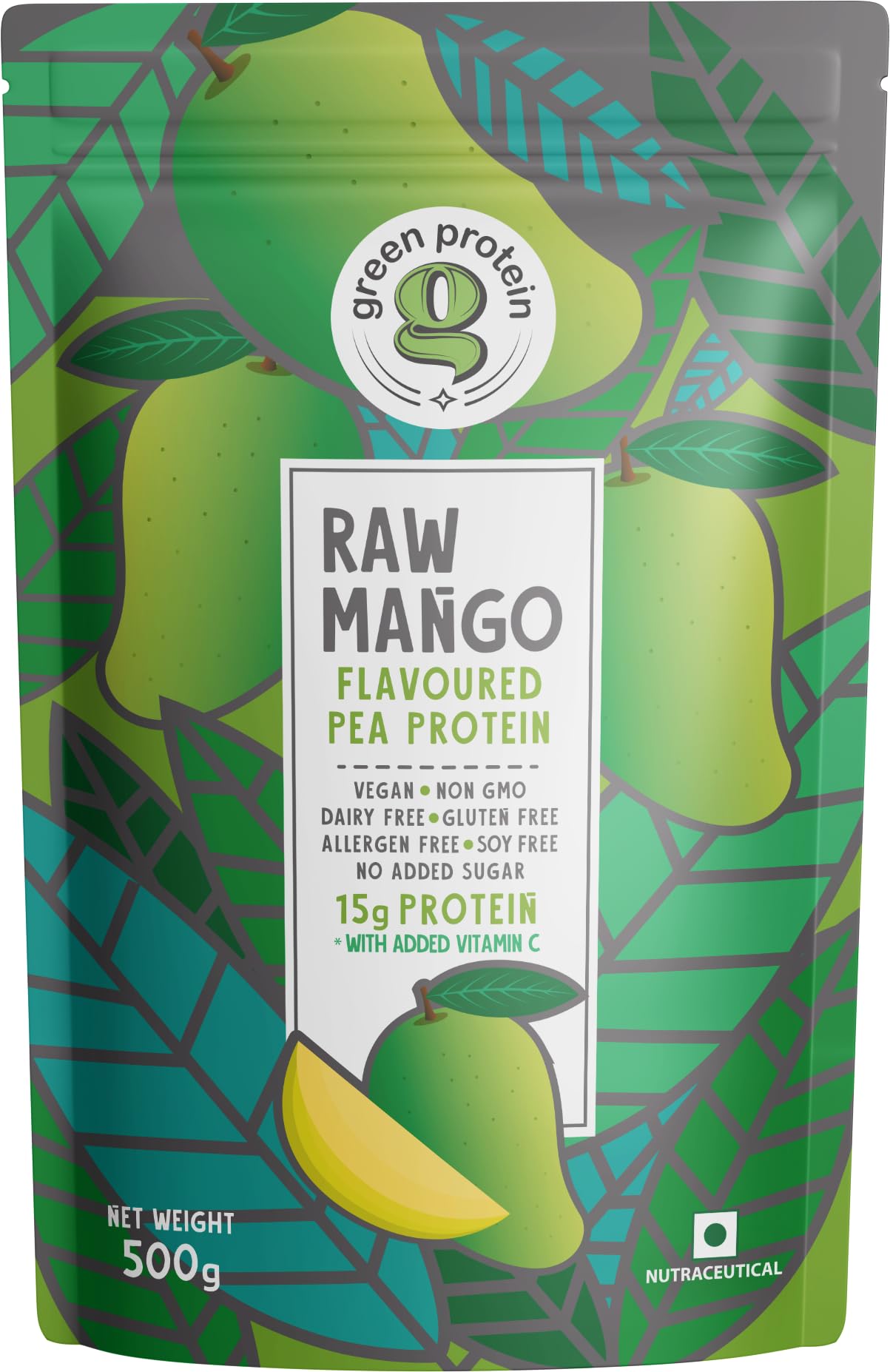 GREEN PROTEIN Pea Protein Isolate Powder, Vegan Plant Protein, No Added Sugar, 100% Vegan, Soy Free, Dairy Free, Gluten Free, Allergen Free, Raw Mango Flavor, 15g Protein Per Serving, Pouch (500g)