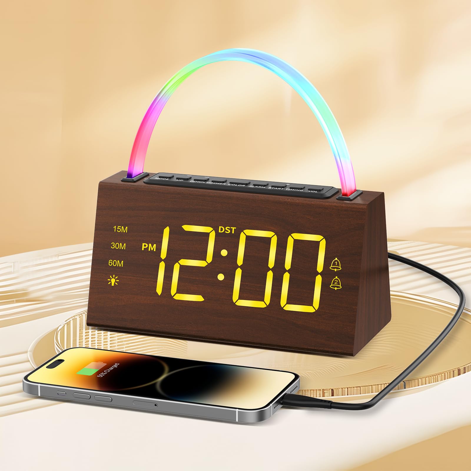 Digital Alarm Clock for Bedrooms - Sunrise Alarm Clock for Heavy Sleepers, Wooden Clock with 7-Color Light, 9 White Noise Sounds, 5-Level Dimmable Lamp, Snooze, USB Charger