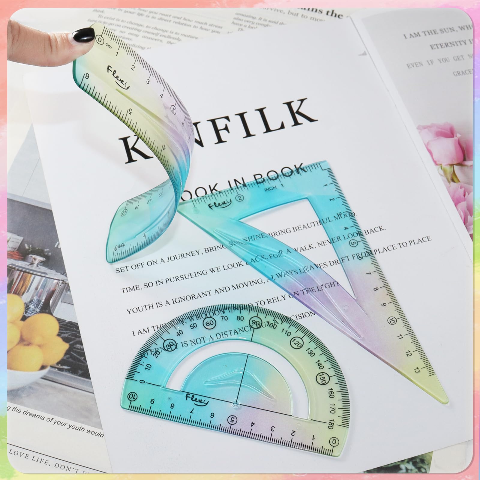 5 Pcs Flexible Rulers, 6inch 8inch 12inch Bendable Straight Ruler Triangle Ruler Protractor Soft Shatterproof Plastic Flexible Rulers with Centimeter and Inch Scales for School Classroom Office Home - Image 5