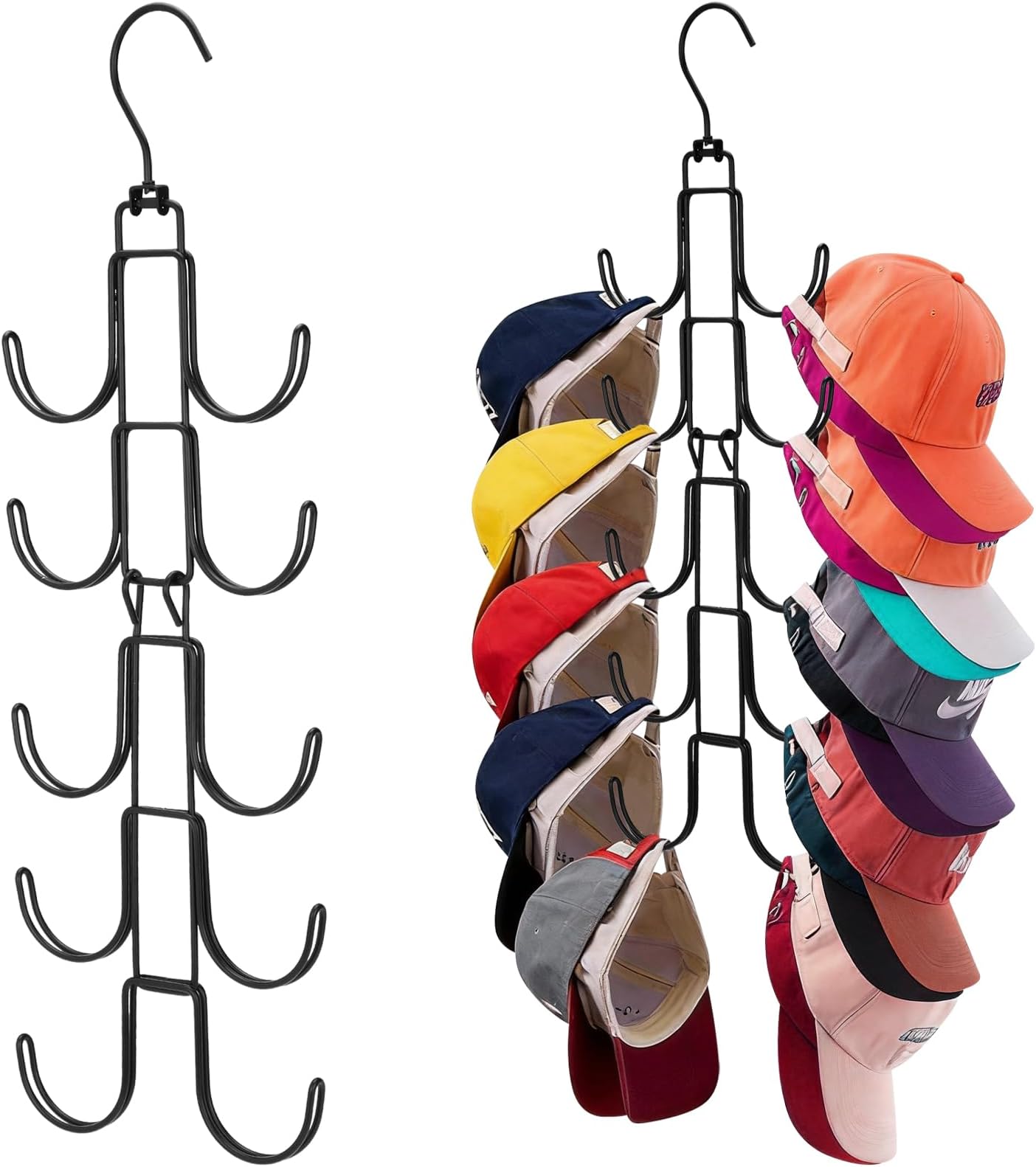 Hat Organizer for Closet, Collapsible Caps Rack with 10 Rotatable Large Hooks, Holds Up to 40 Baseball Caps, Metal Space Saving Hat Hanger for Display, Storage and Closet Organizers (Black, 1 pack)