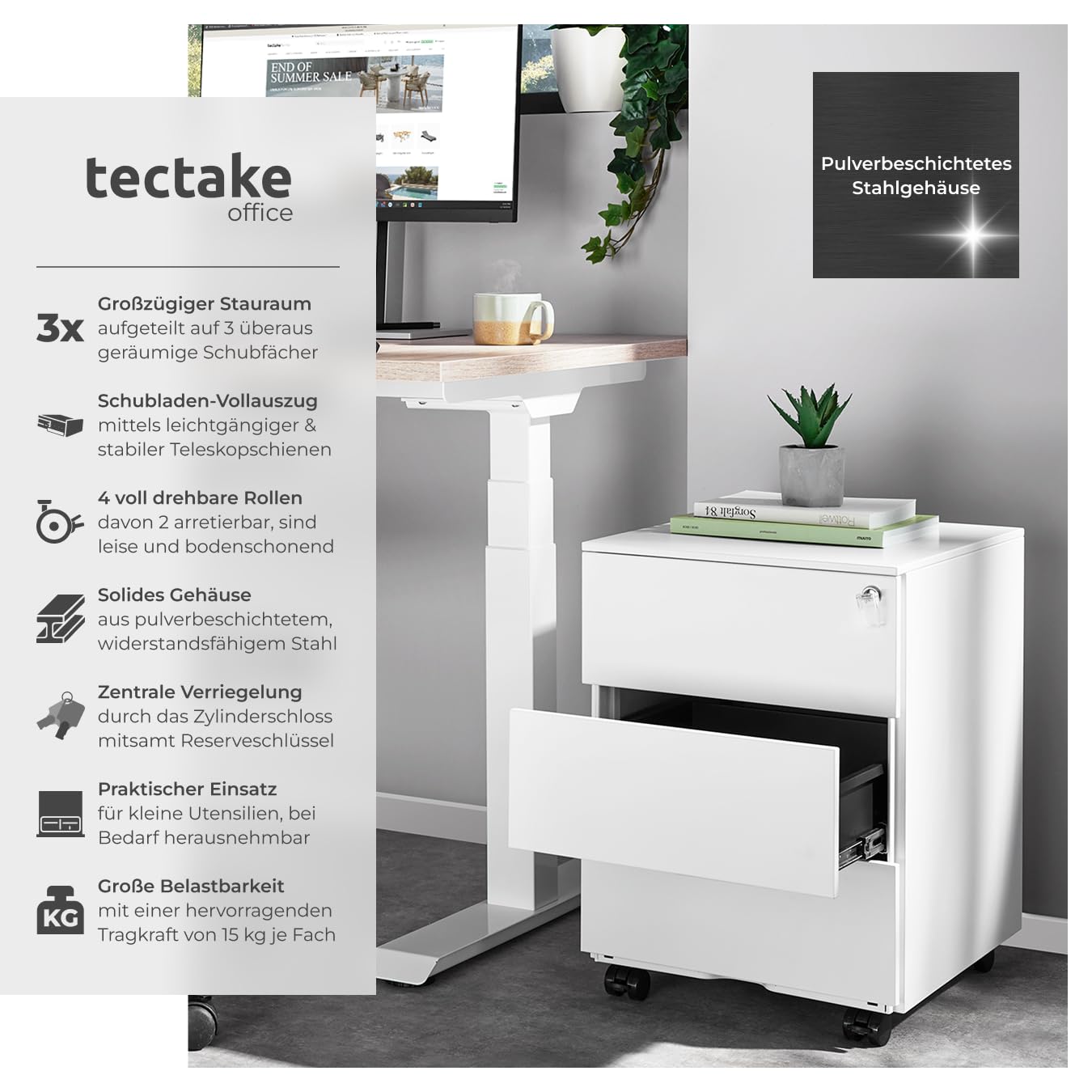 tectake® Büro Metall Aktenschrank mit Rollen, abschließbare Kommode mit Schubladen für Schreibtisch, Rollcontainer, Schubladenschrank, Organzier, Rollwagen Schrank abschließbar (weiß)