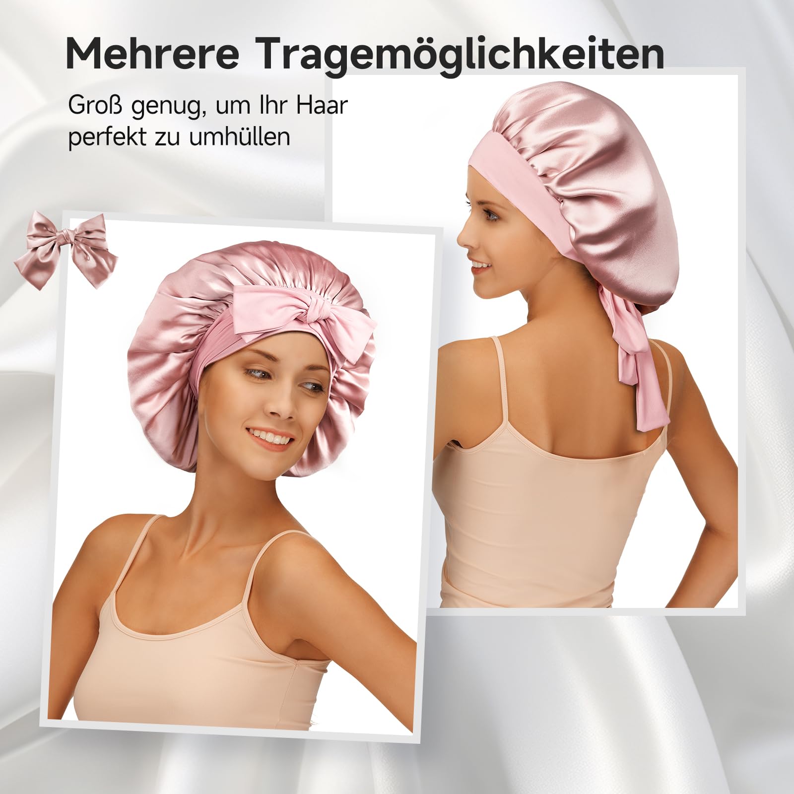 Umisleep 100% 22 Momme Cuffia Seta di Gelso per Dormire, Cuffia da Notte in Seta a Doppio Strato per Capelli Ricci, Traspirante, con Cinturino Largo Regolabile per Il Fissaggio alla Testa, Rosa