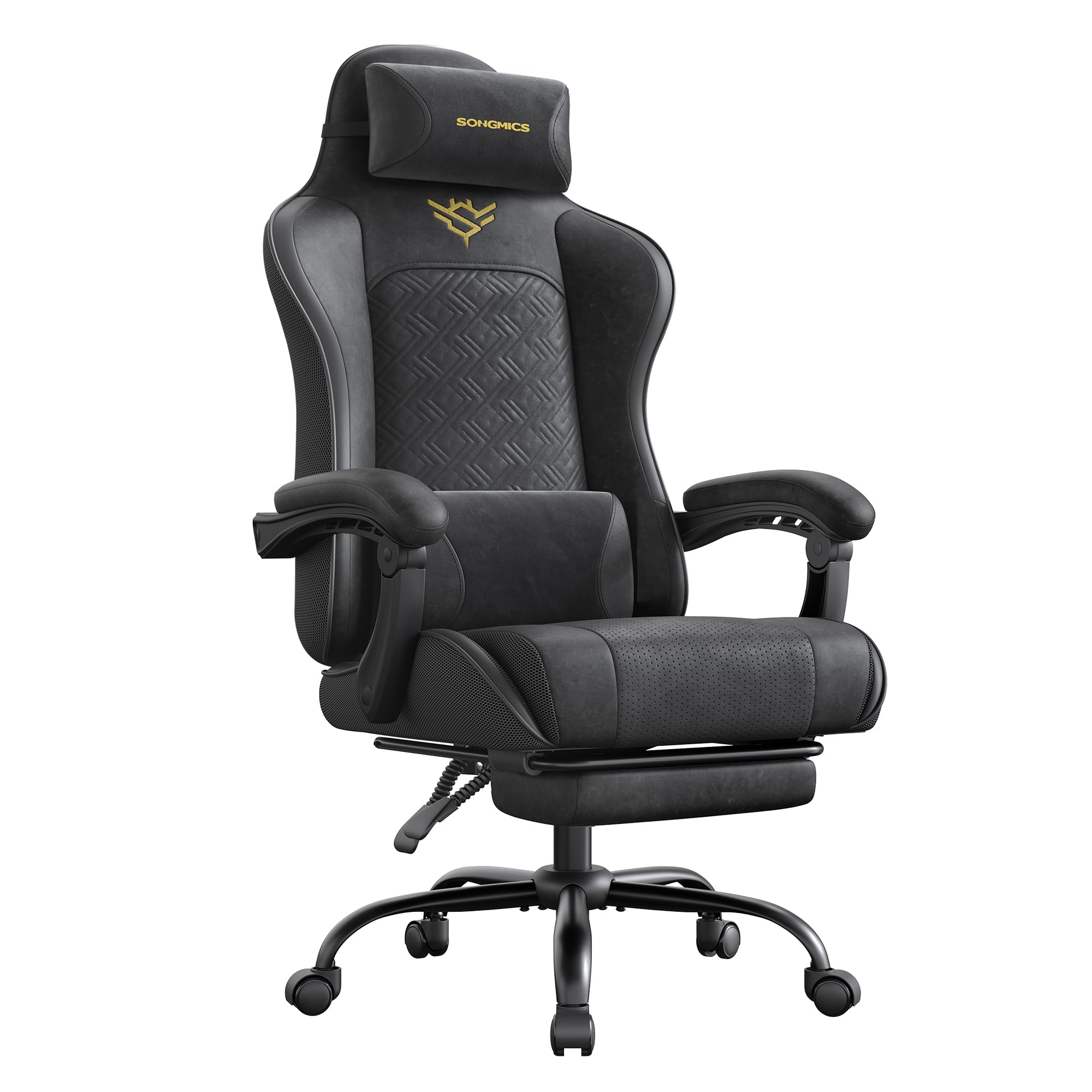 SONGMICS Krzesło do gier, krzesło biurowe, ergonomiczne, fotel gamingowy, poduszka sprężynowa, podnóżek, podłokietniki z mechanizmem synchronicznym, tusz czarny OBG079B01