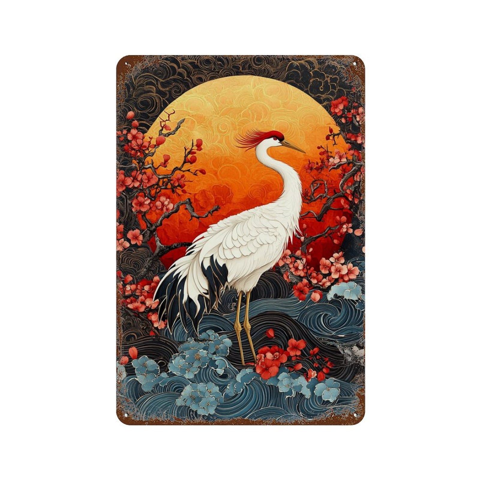 Rust Effect Elegant Crane Sunset Art Rusty Metal Tin Sign 11.8"x7.9", Industrial Home Decor for Living Room, Hallway And Home Decor