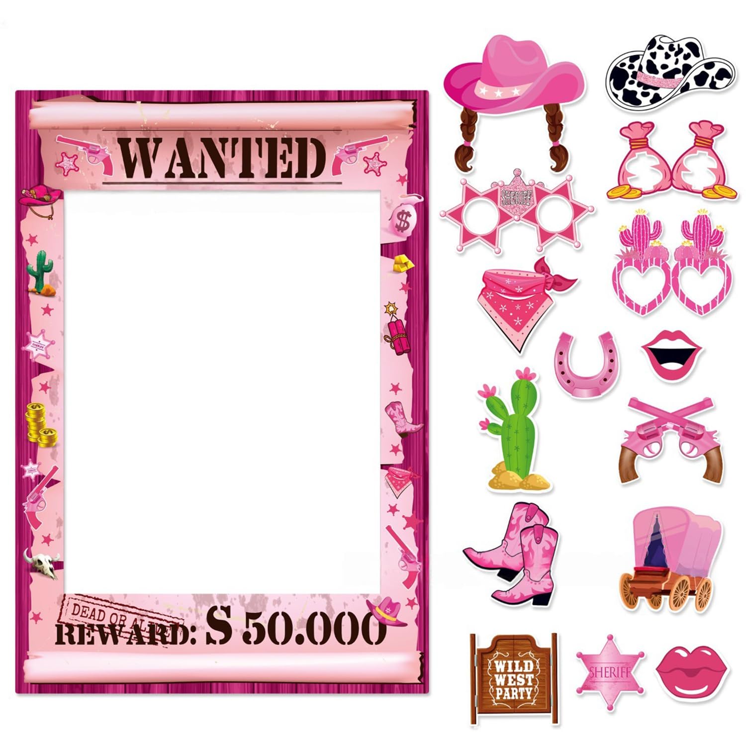 16Pcs Wild West Photo Booth Props, Country and Western Party Decorations with Photo Booth Frame, Cowboy Party Decorations for Birthday, Saloon Theme, Rodeo Country Party Supplies (Pink)