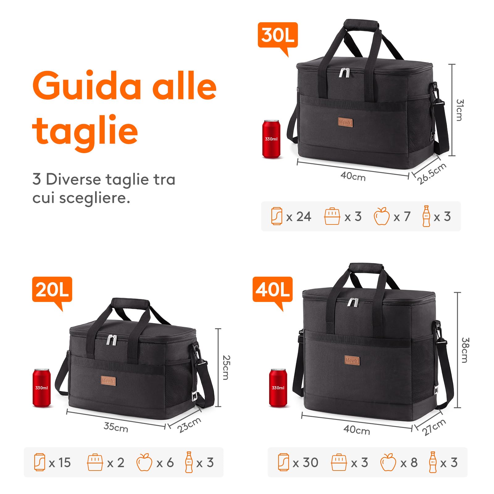 Lifewit Borsa Termica 40L, Borsa Frigo Grande per Uomini Donne Bambini, Cooler Bag Portatile, Borsa Porta Pranzo, Lunch Bag per Ufficio, Picnic, Campeggio, Mare, Barbecue, Nero