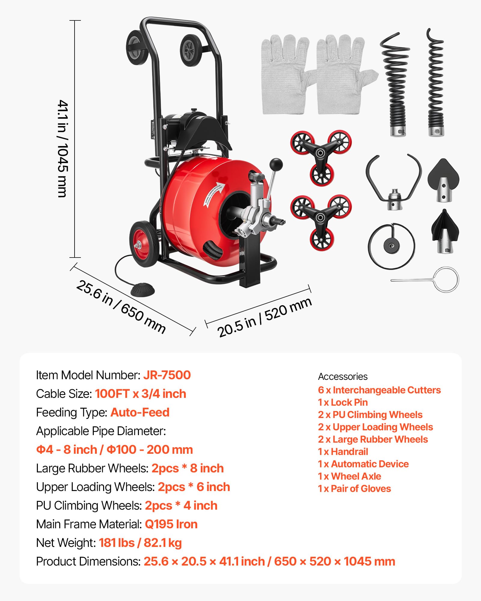 VEVOR Furet Déboucheur Canalisation Électrique 30 m x 19 mm Furet Électrique Alimentation Automatique Machine Débouchage sur Roues pour Tuyaux 100-200 mm, 6 Coupeurs, Interrupteur au Pied Pneumatique