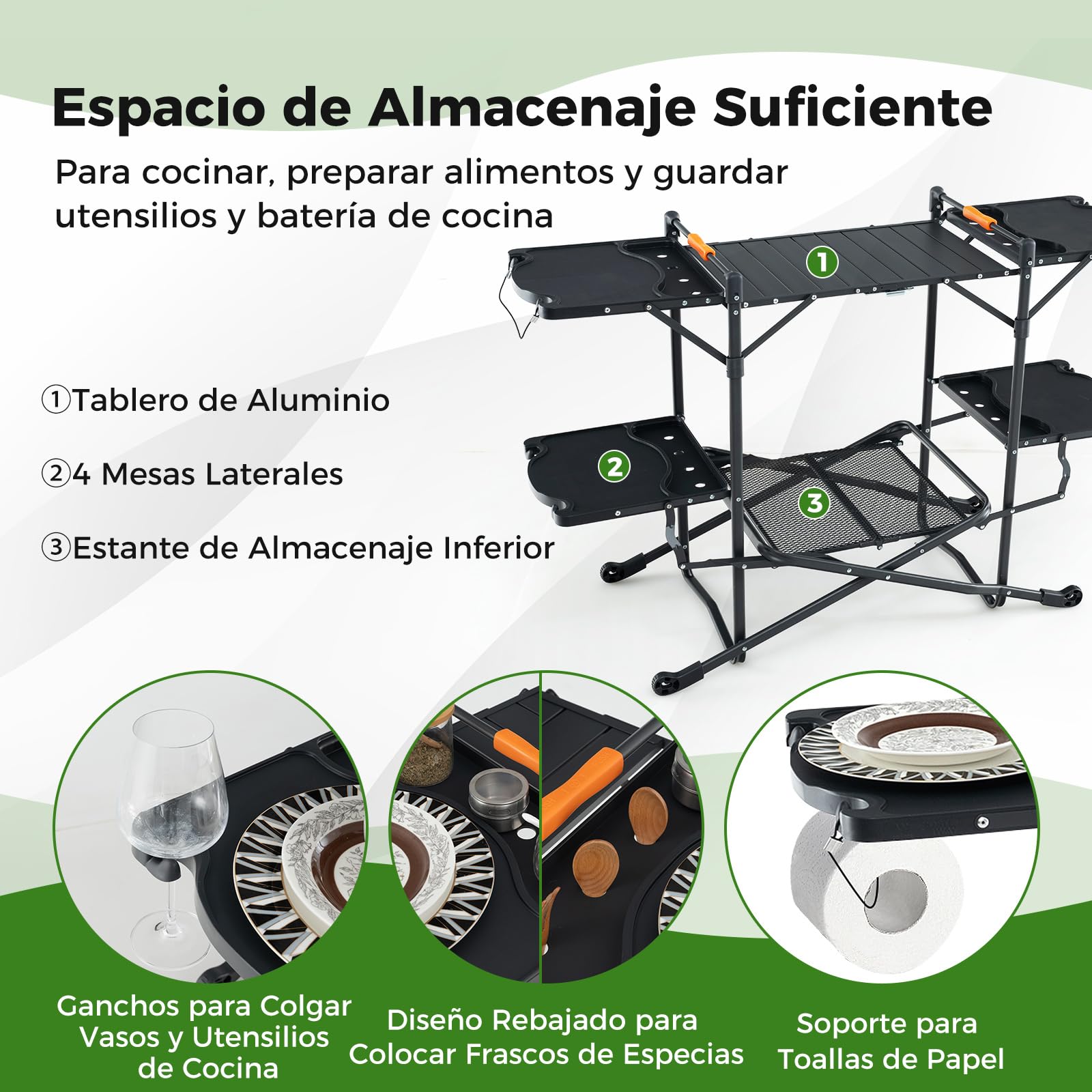 COSTWAY Mueble Cocina Camping, Mesa Plegable Camping con 4 Mesas Auxiliares, Mesa Cocina Camping, Marco de Aluminio, Estante de Almacenamiento, Bolsa de Transporte, 135 x 54 x 88 cm