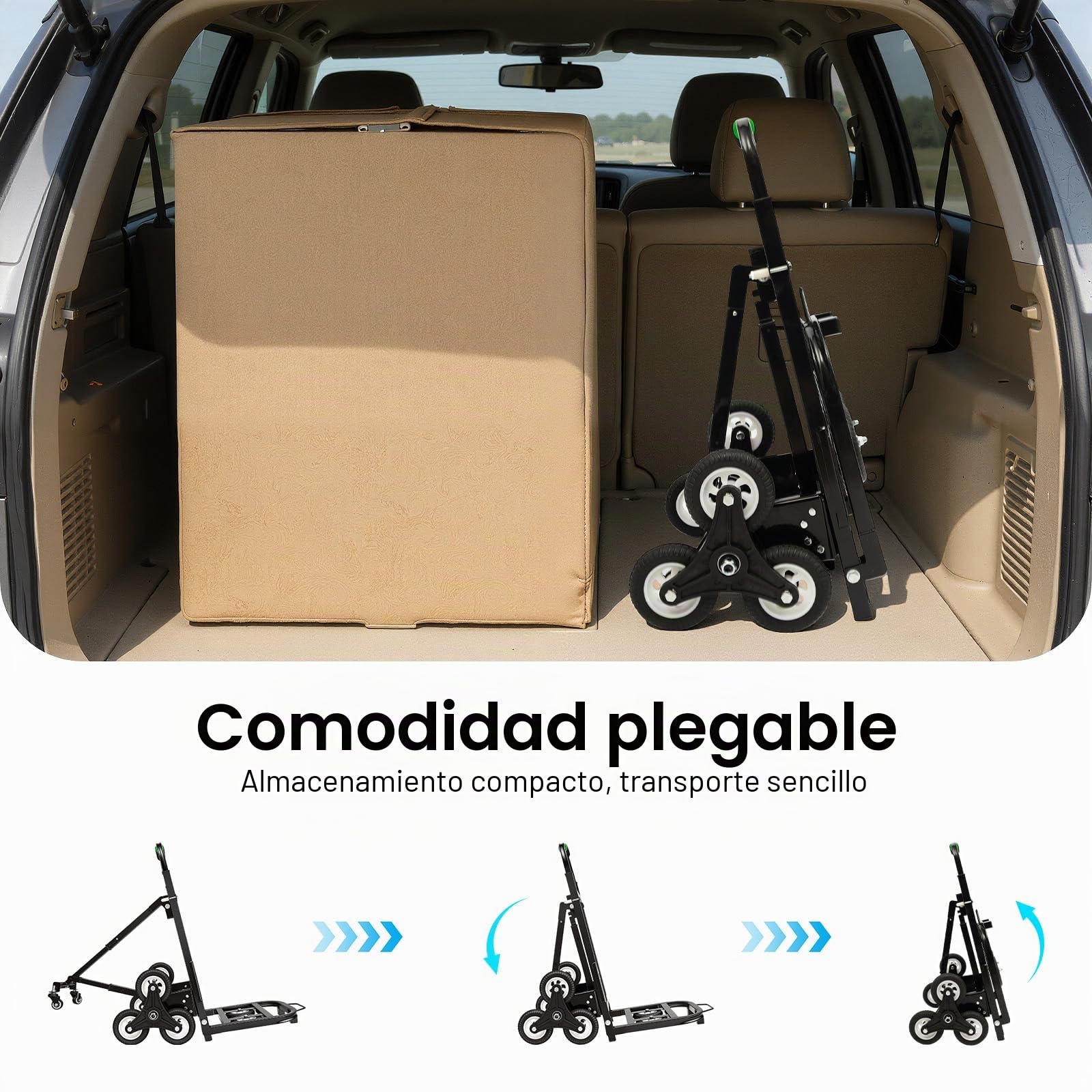 Carretilla plegable para cargas pesadas, 150 kg, 3 ruedas, con 2 neumáticos de repuesto, altura ajustable, 73-114 cm