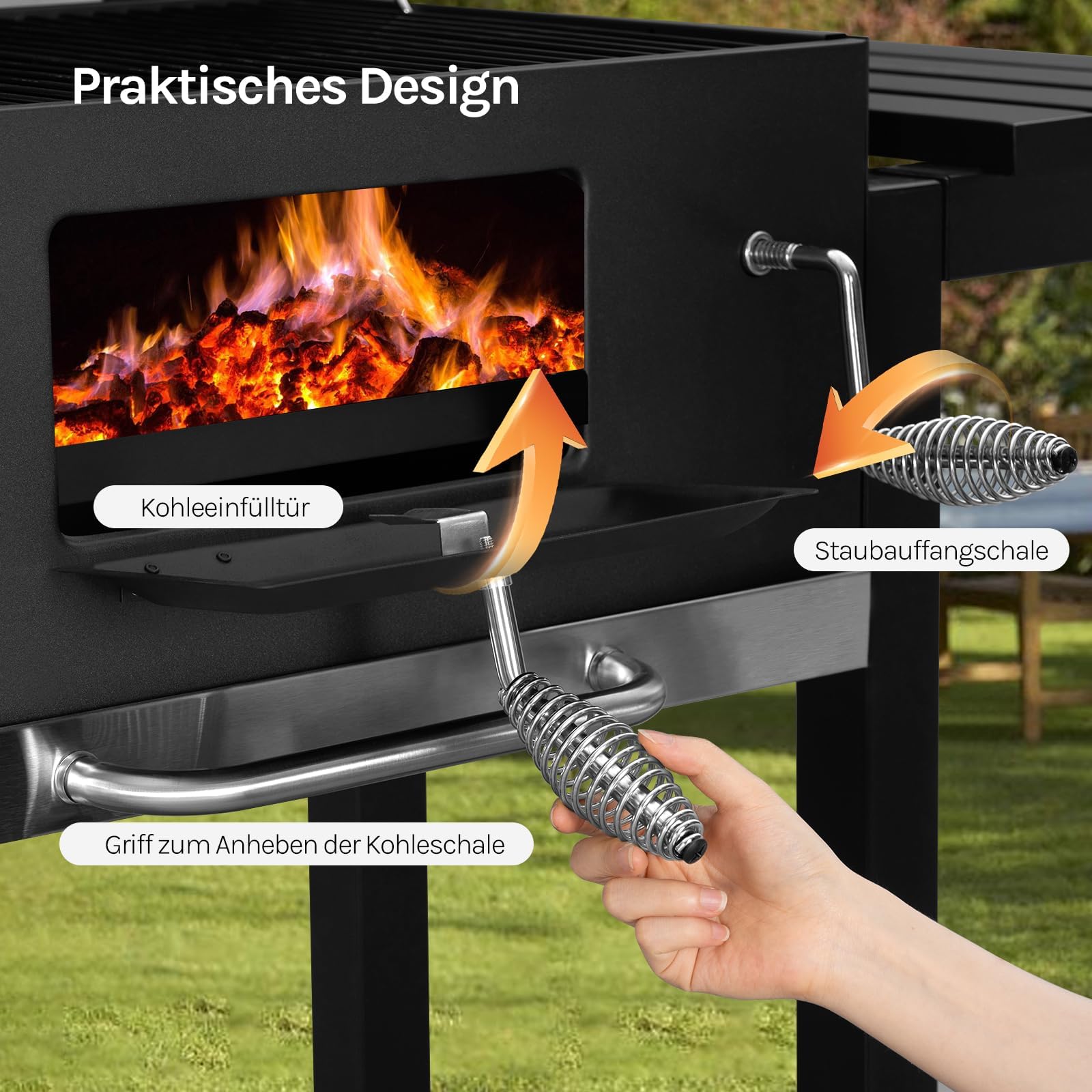 WOLTU Holzkohlegrill mit Deckel, große Grillfläche, variable Kohlewanne, Smoker Grill BBQ mit Grillrost, Thermometer, Grillwagen für Camping, 117 x 107 x 71 cm, Schwarz
