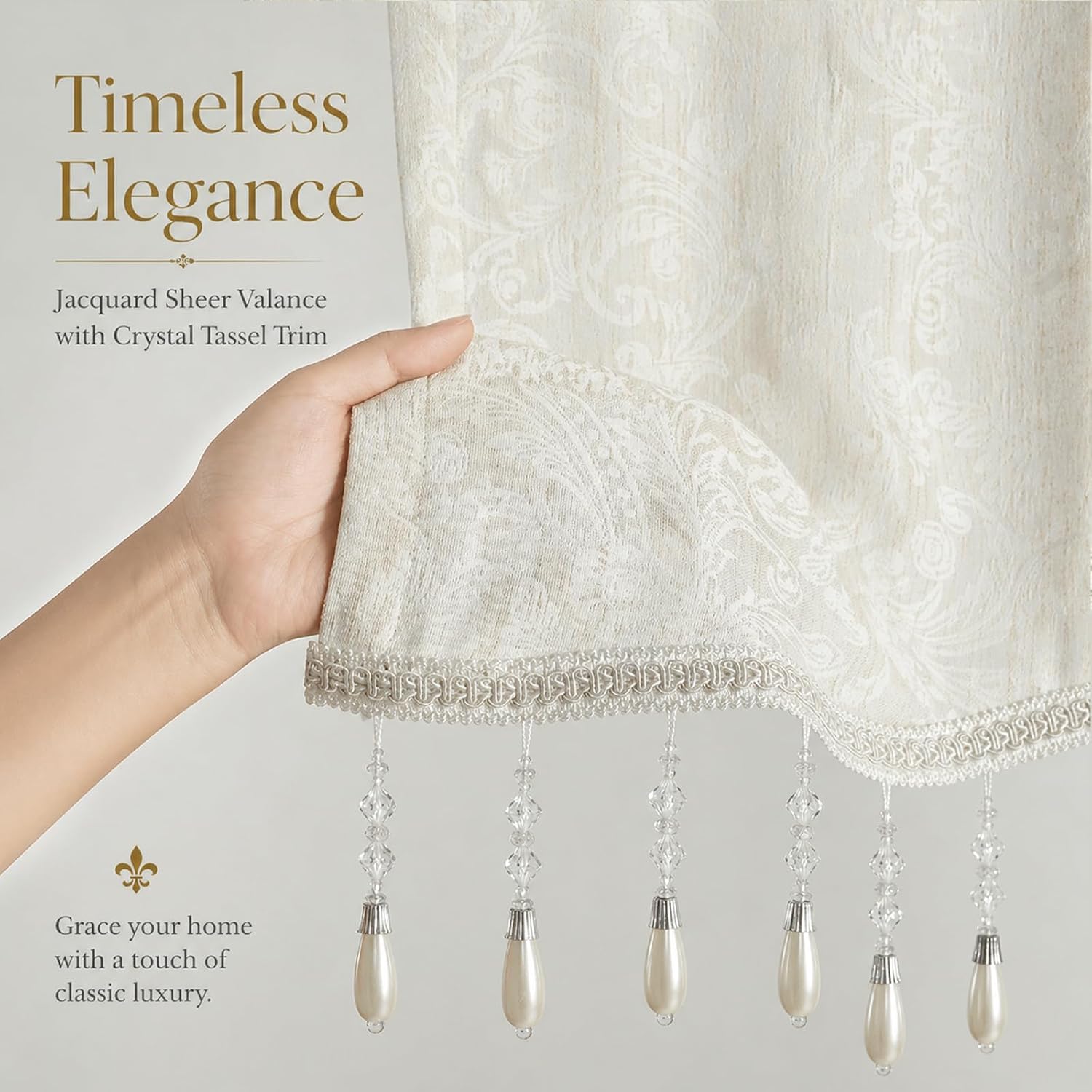Leeva Triangle Jacquard Valance for Windows, Crystal Bead Tassel Window Topper, 52 x 18 Inch, Creamy White