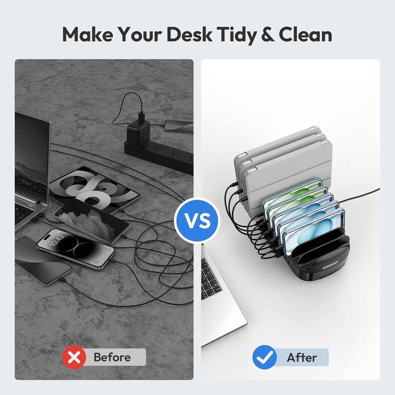 10 Ports Charging Station for Multiple Devices, 120W Charging Station Organizer, USB Charging Docking with Cooling Fan, for iPhone, for iPad, Tablet, Kindle, ETL Listed (2.4A Each, 24A in Total)