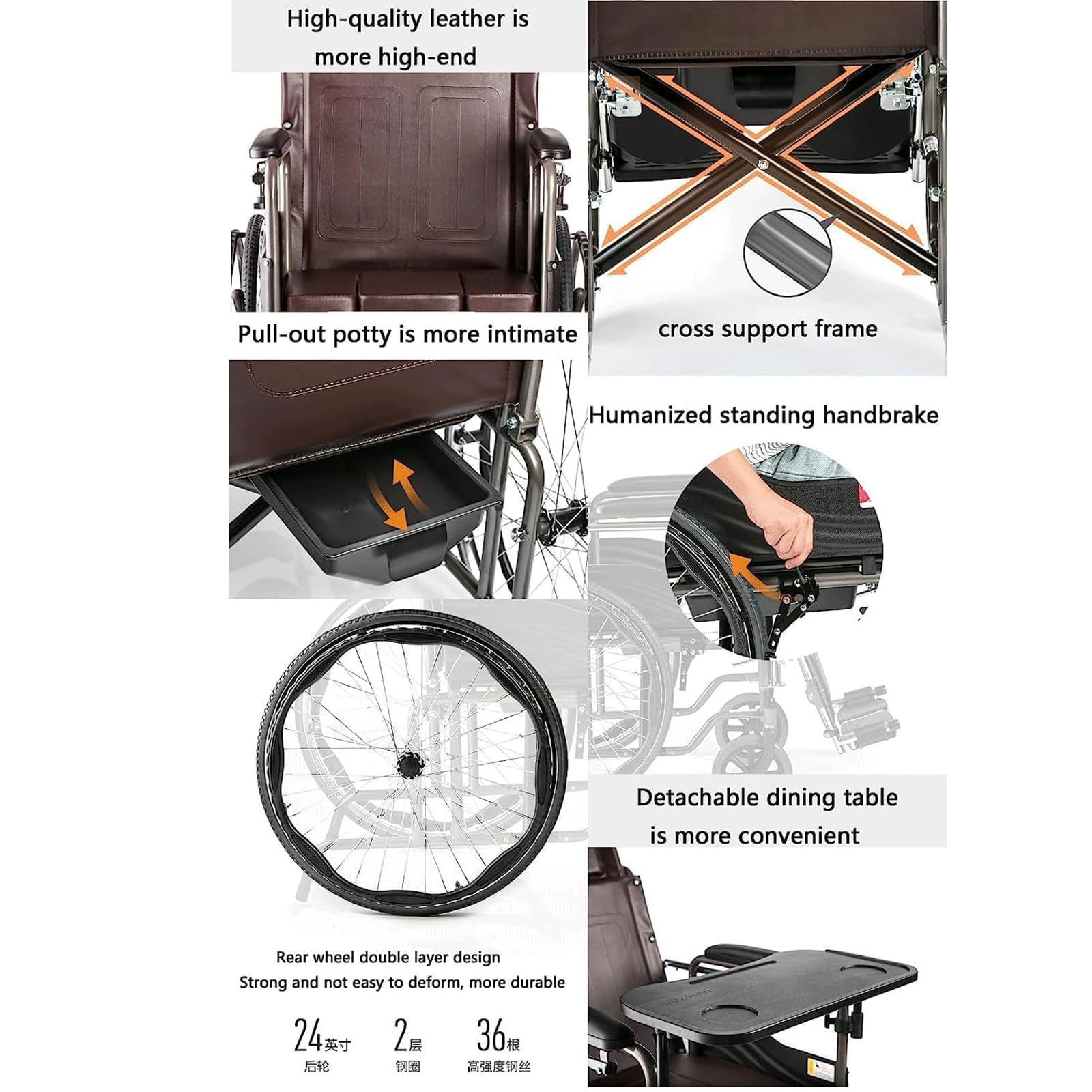 Silla de Ruedas Silla de Ruedas reclinable, Silla de Ruedas Manual Ligera con Mesa de Comedor, Silla de baño, cómoda, Silla de Ducha de baño de Acero confiable