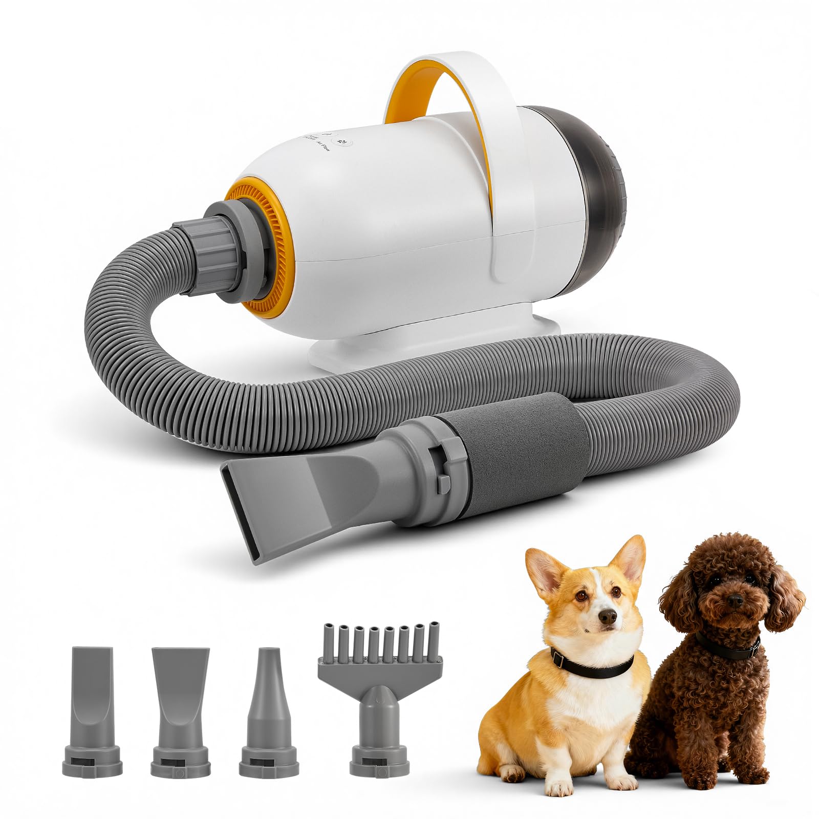 Secador Perro 3200W con Función Aspiración, 4 Boquillas,Ajustable Asciugacapelli per cani,Con 7 niveles de temperatura y velocidad, 35-60 °C,pantalla LED,4 boquillas y manguera de 76-230 cm