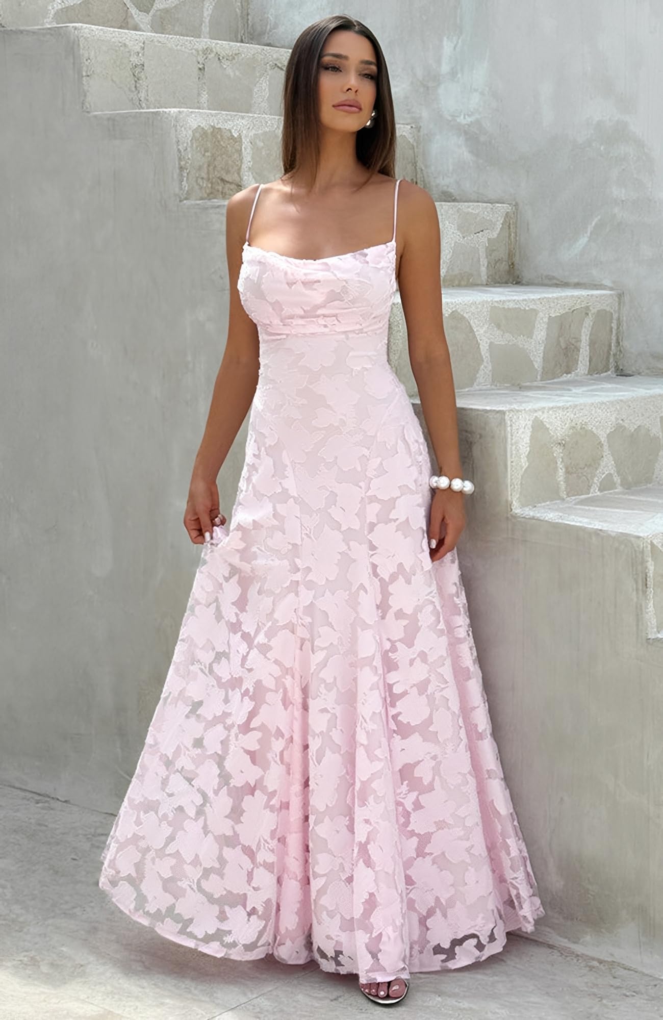 Damska sukienka maxi, ramiączka spaghetti, żakardowa, sukienka imprezowa, bez pleców, długa sukienka, elegancka sukienka koktajlowa, kwiatowa, wieczorowa