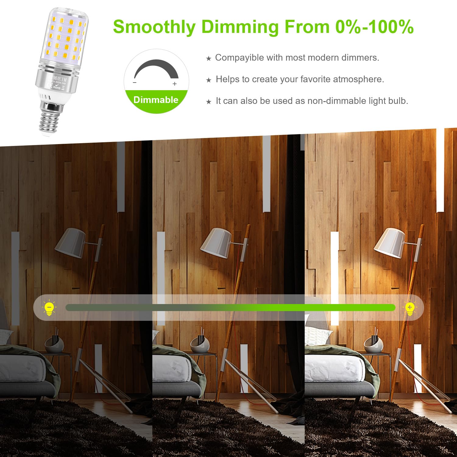 AIMHEM 4 Pezzi Lampadina LED E14 Dimmerabile 3000K Luce Bianca Calda, 8W Lampada E14 LED Equivalente 80W Lampada Alogena, Nessun Sfarfallio Risparmio Energetico Lampadine Attacco Piccolo E14