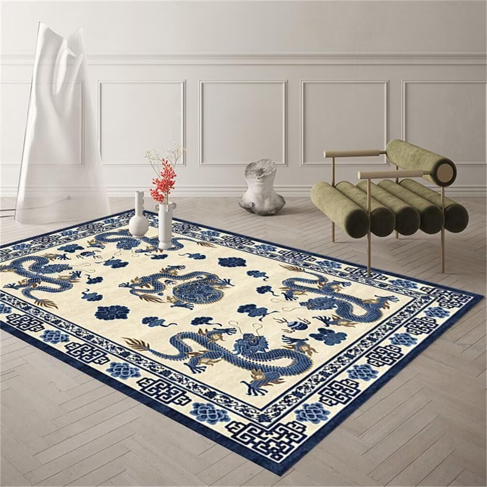 Tapis de chambre bleu 50x150cm lavable à motif oriental traditionnel