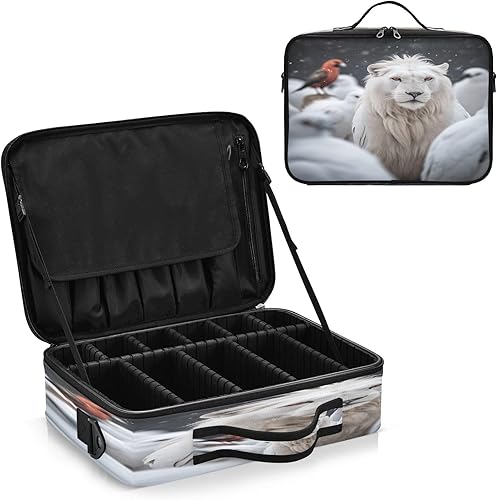Miniatura 2 de Zathe Bolsa de cosméticos extra grande con leones cubiertos de nieve y pájaros coloridos, bolsa de maquillaje de viaje, bolsa de maquillaje para