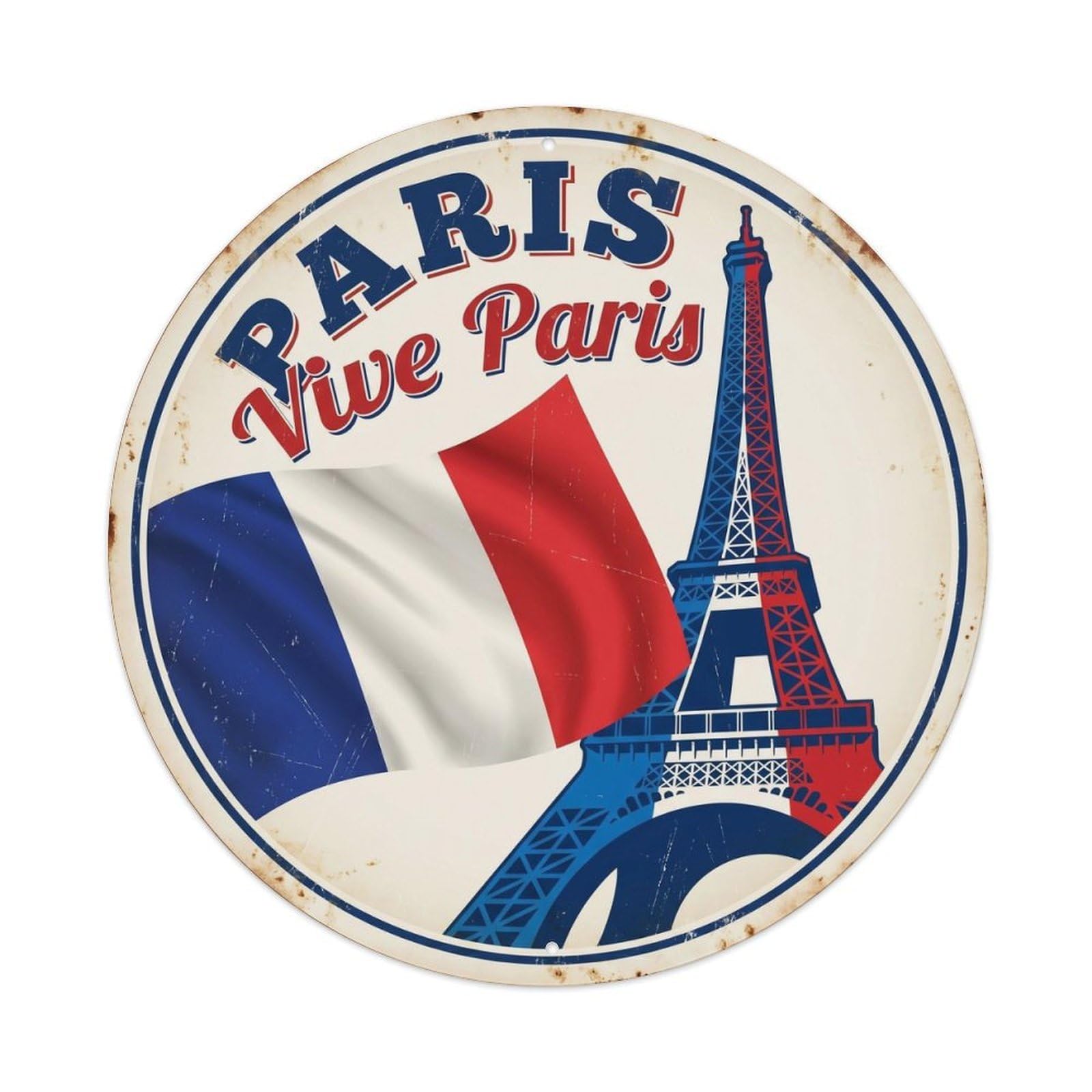 Yrnq Vintage Style Vintage Travel French Flag Patriotic Metal Tin Sign Plaque Wall Decor For Cafe, Club, Garden Round Metal Poster 8X8inch