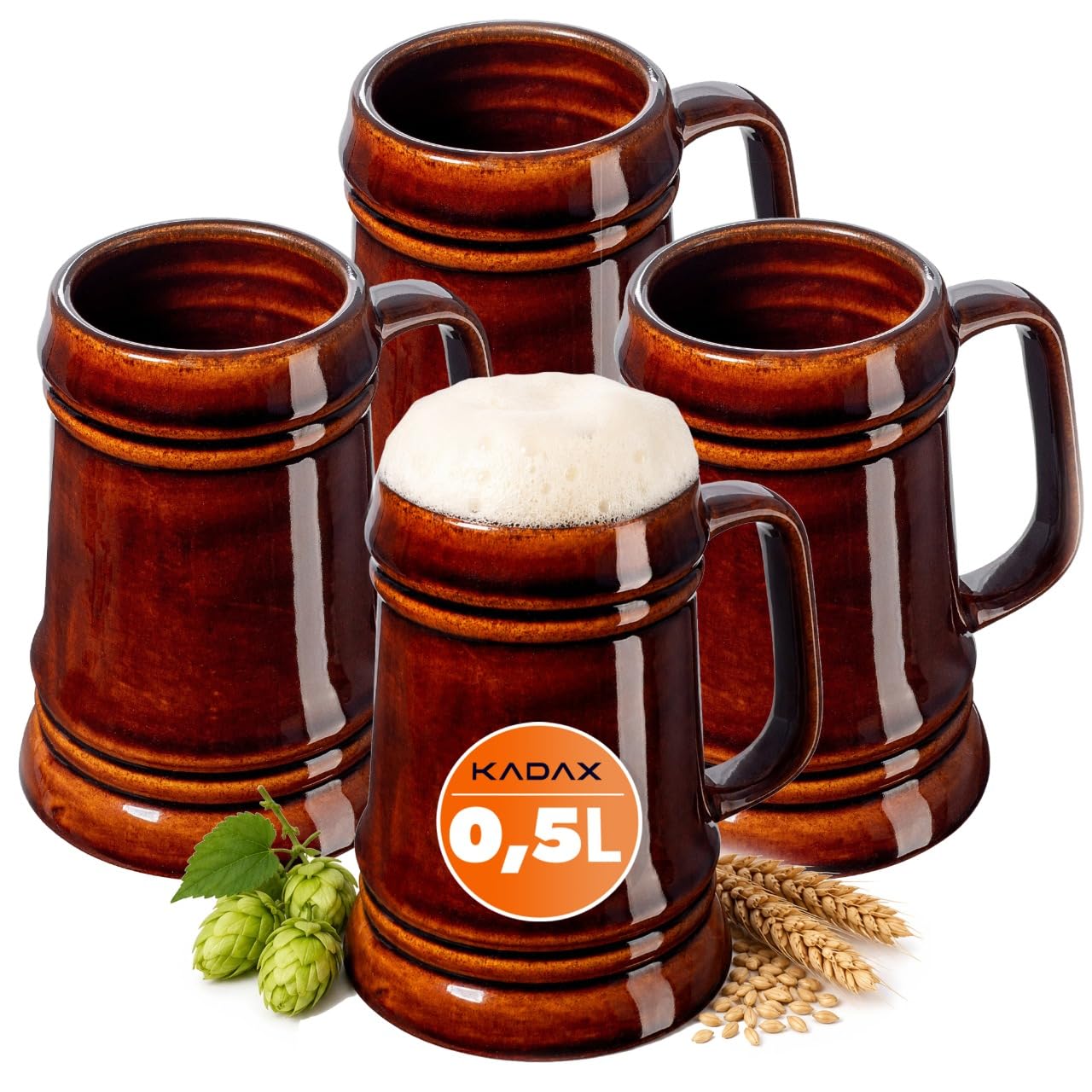 KADAX Keramikbierkrug, Bierkrug aus Keramik, Spülmaschinenfester Bierseidel mit Handlichem Griff, Steinkrug für Wein, Bier, Glühwein und Flüssig Honig (4, 500ml)