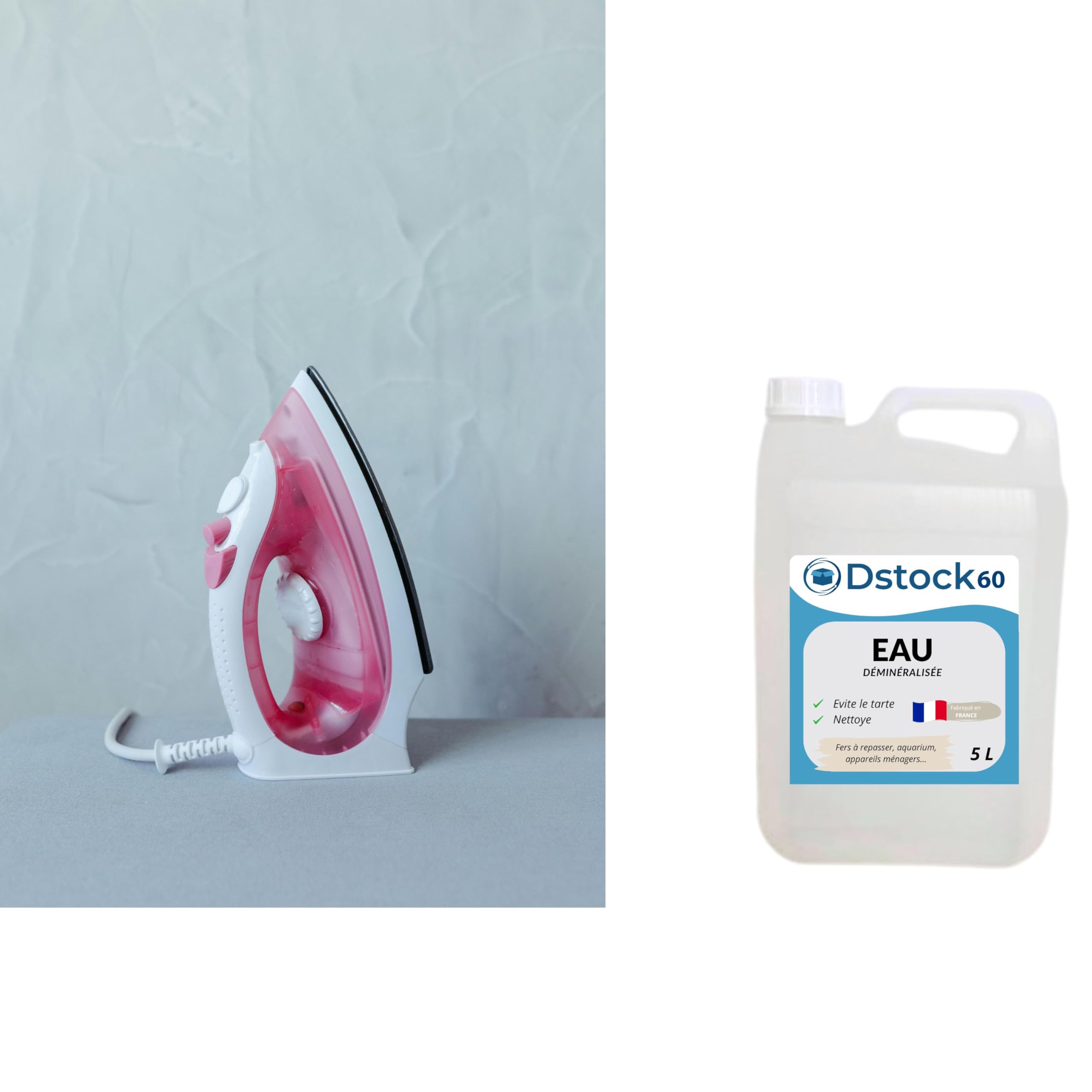 DSTOCK60 - Eau déminéralisée 5L – Fabrication Française – Haute Pureté pour Fer à Repasser, Batterie, Nettoyage, Vapeur, Aquarium – Qualité Premium - 3 bidons