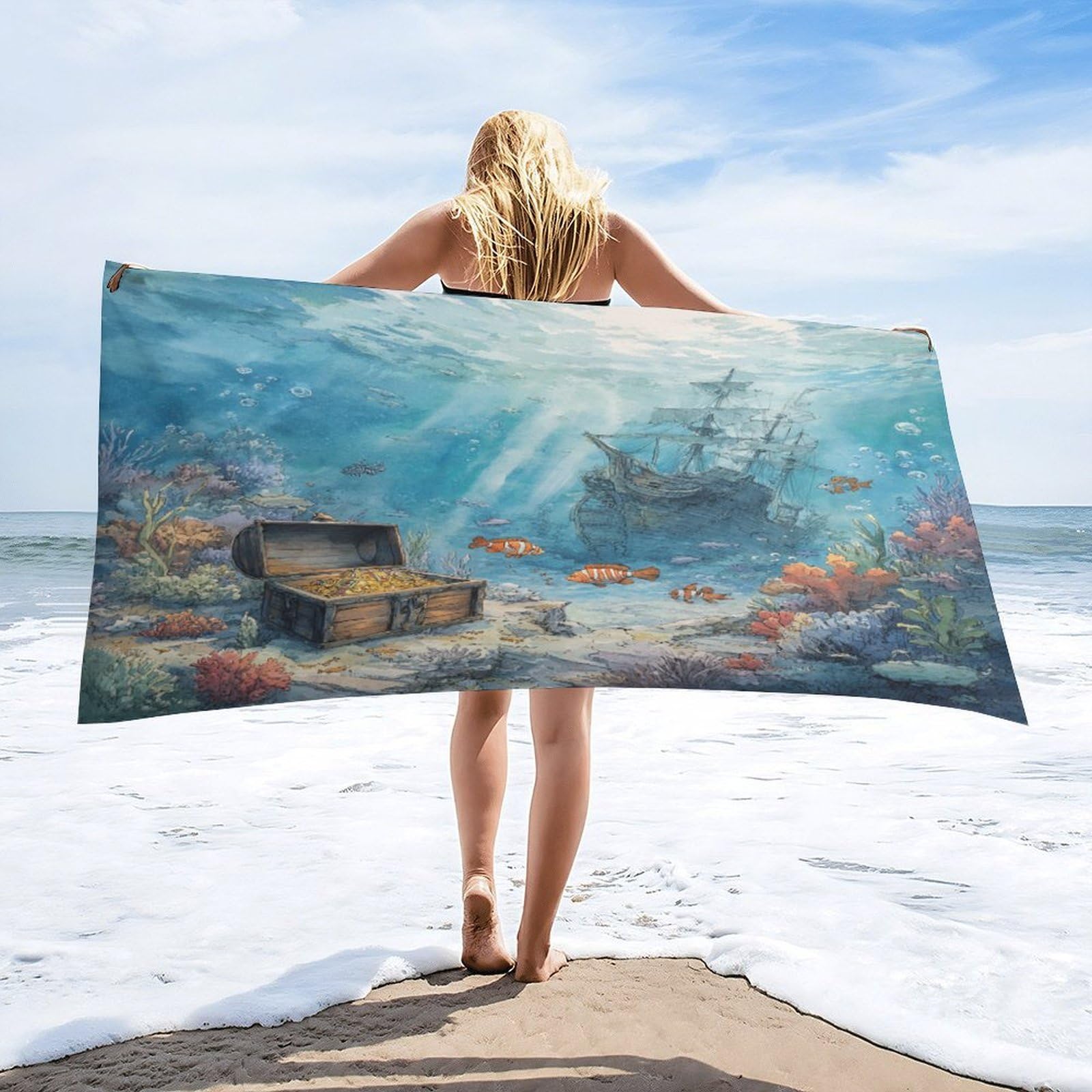 Luyysky Modern Watercolor Pirate Ship Quick-Drying Beach Towel, Mid Century Nautical Underwater Treasure Ocean Animal Fish Travel Vacation Single Sided Pile Bathroom Towels-80 W Cm X 160" L Cm