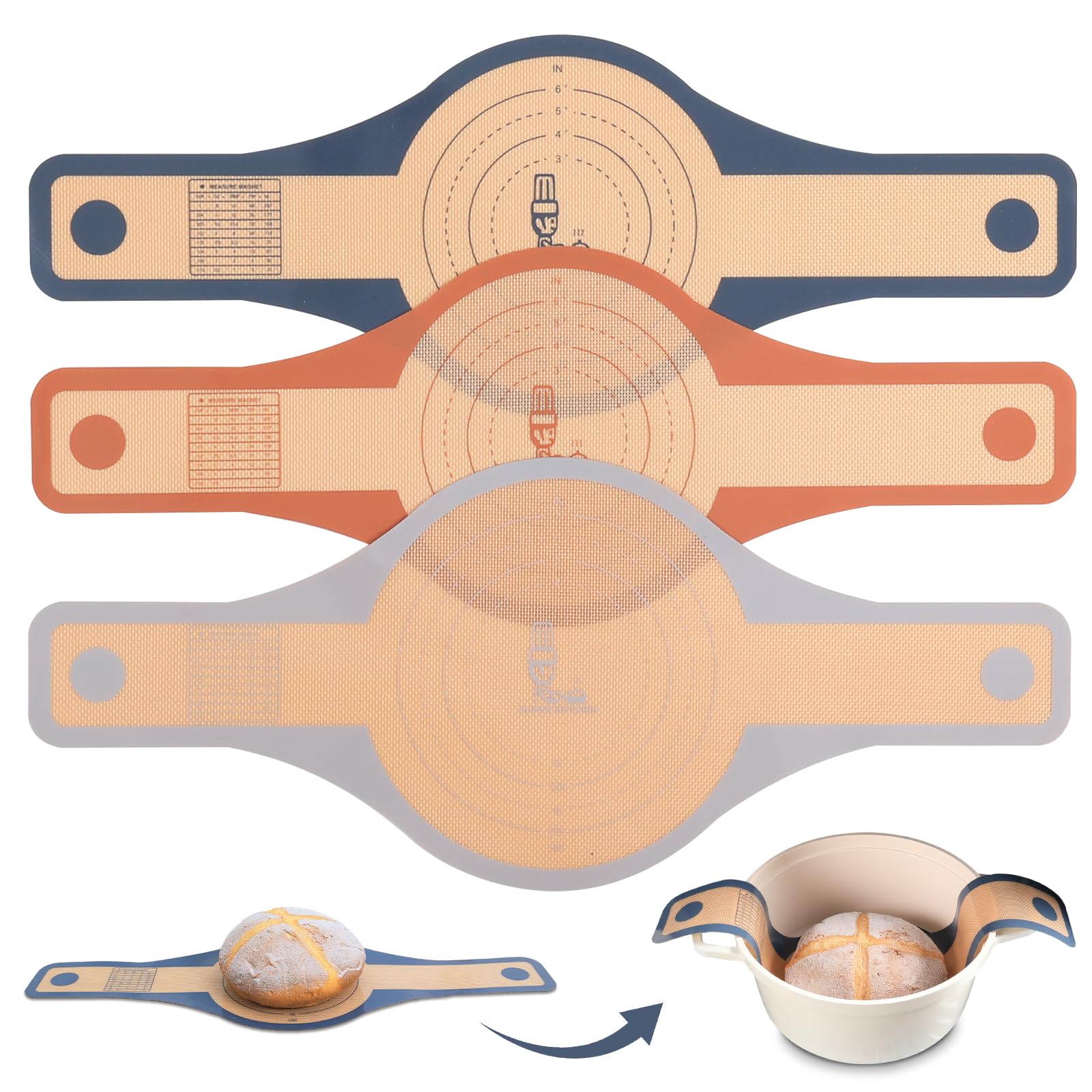 SUPER KITCHEN 3PCS 2-Größe 24cm&21cm Silikon Brotschlinge mit Extra Breiten und Langen Griffe, Antihaft Silikon Backmatte Brot für Dutch Oven, Wiederverwendbare Brotbackmatte (Grau, Dunkelgrau, Braun)