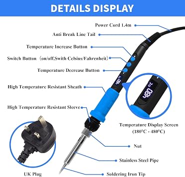 10 in 1 Soldering Iron Kit 90W LCD Adjustable Temp 180-480°C,10s Fast Heat-Up,Auto Sleep Mode,with 5 Types of Soldering Tips & 50g Solder Wire & Stand etc,Ideal for Electronics Repair & DIY Projects