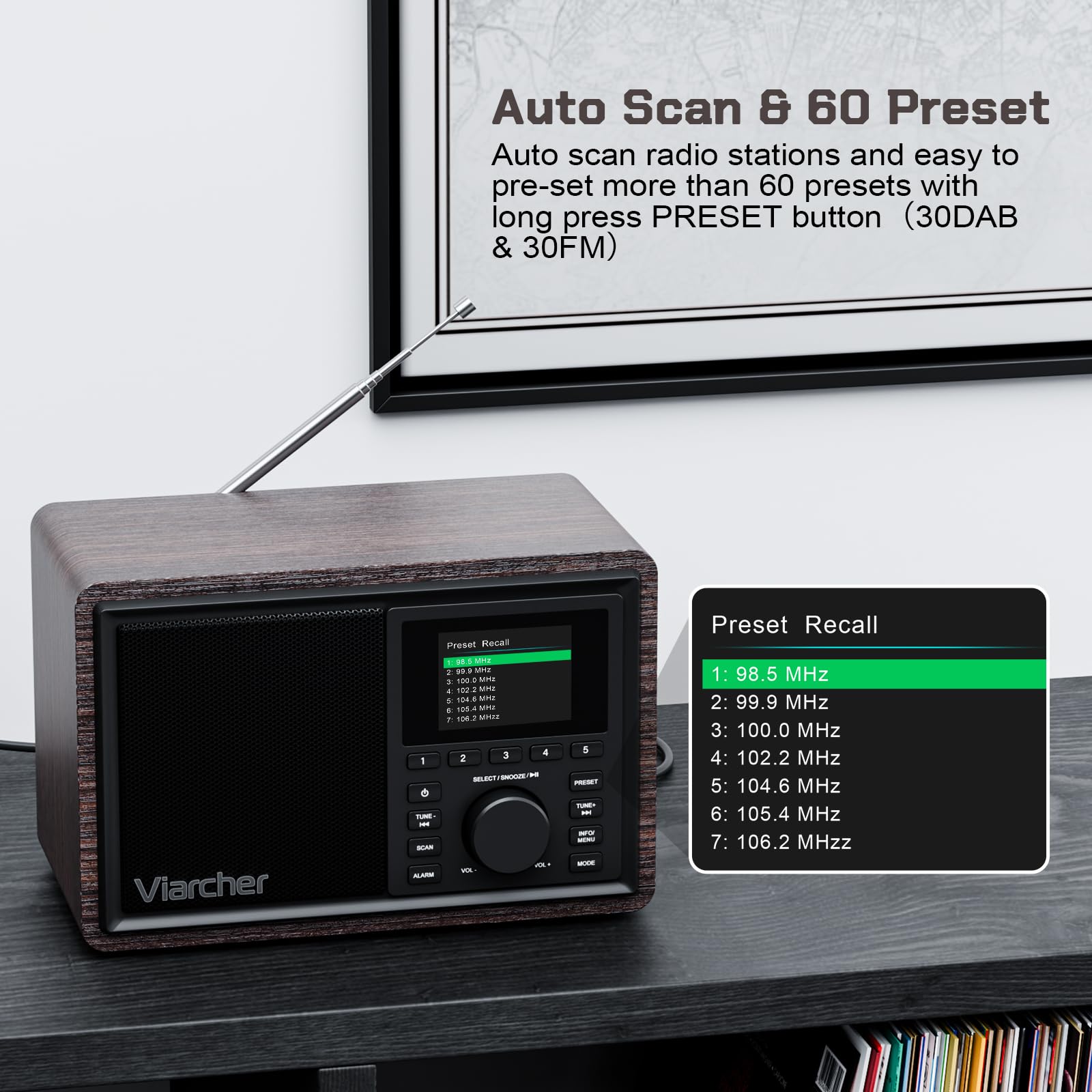DAB/DAB+ & FM Digitalradio mit Bluetooth, Küchenradio mit Dual-Weckfunktion, Schlaf-Timer, 60 Sendern, AUX, Farbdisplay, Nussbaum-Optik