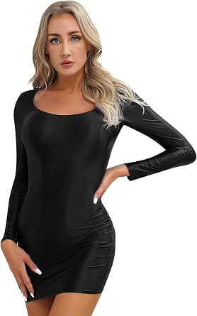 Wet Look Long Sleeve Bodycon Dress with Front Zipper Closure