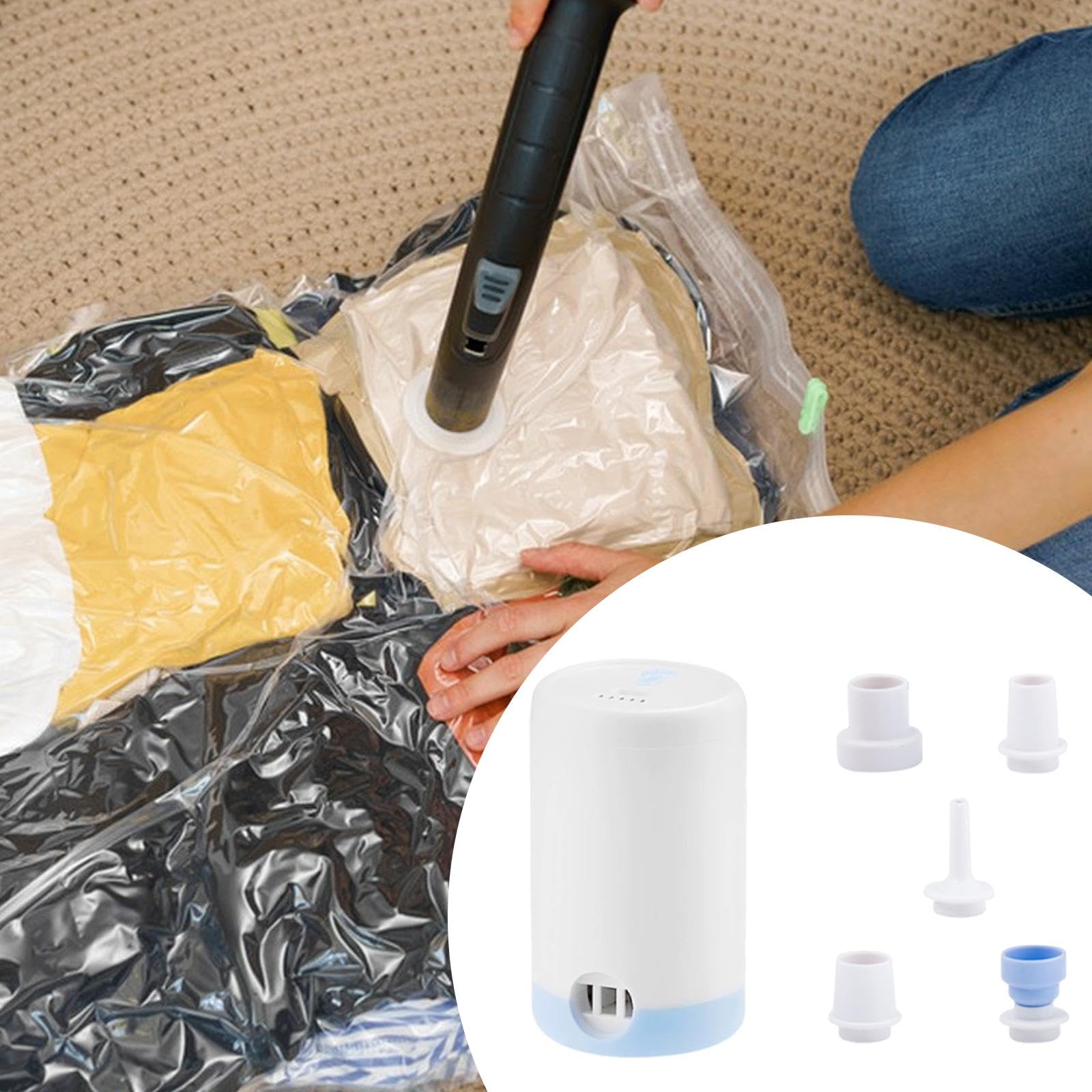 Harilla Rangement sous Vide, Pompe à air électrique, 5 Embouts Inclus, Portable, réutilisable, silencieuse, Automatique, Mini, pour Jouets Piscine