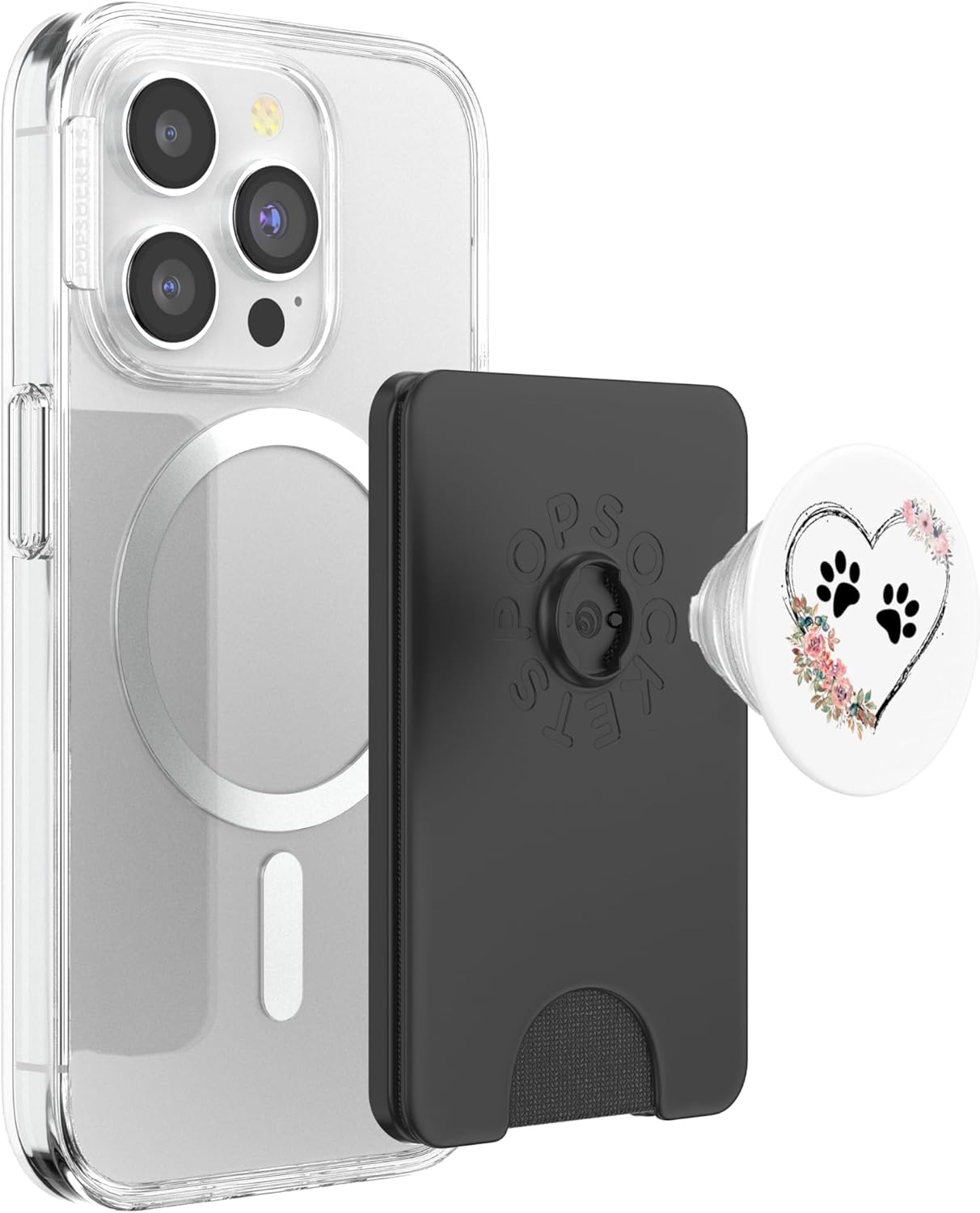 Dog Heart with Paw Prints and Flowers On White PopSockets PopWallet for MagSafe