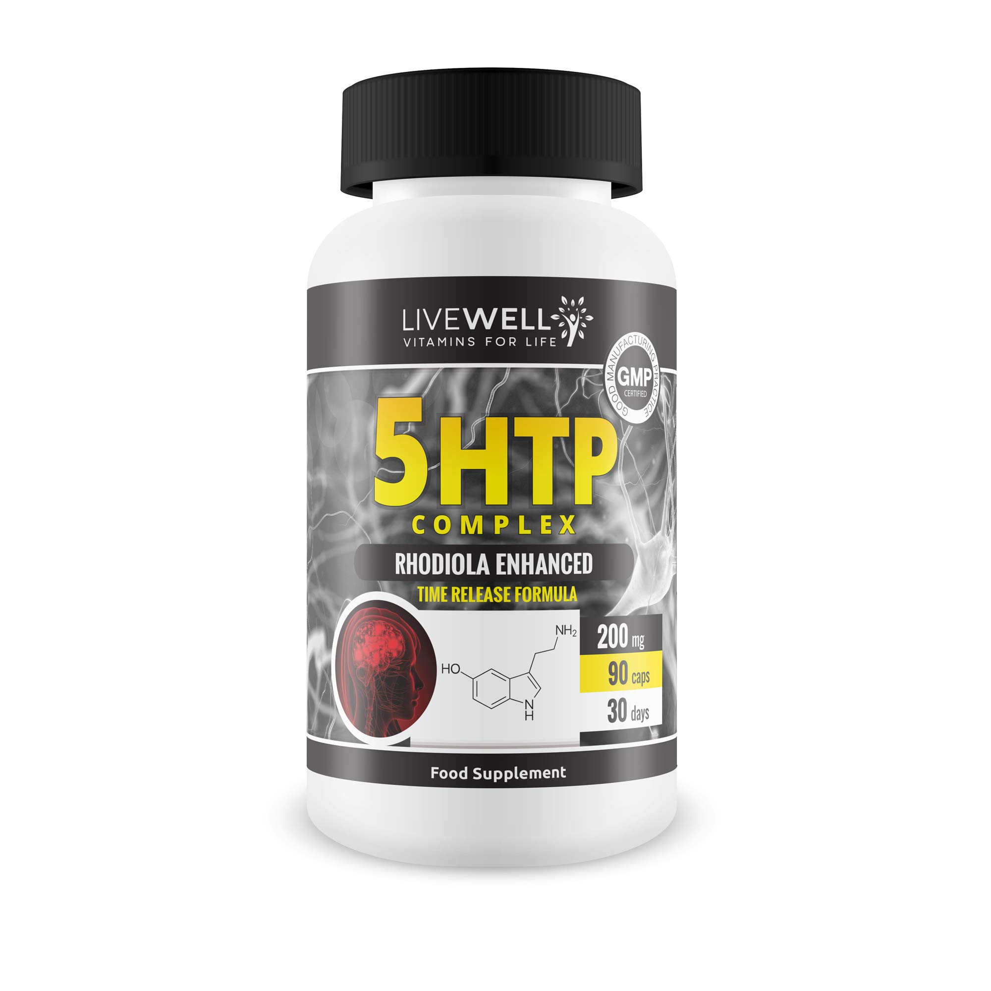 LiveWell 5-HTP 200mg High Quality - Double Strength - UK Manufactured 90 Veggie Capsules