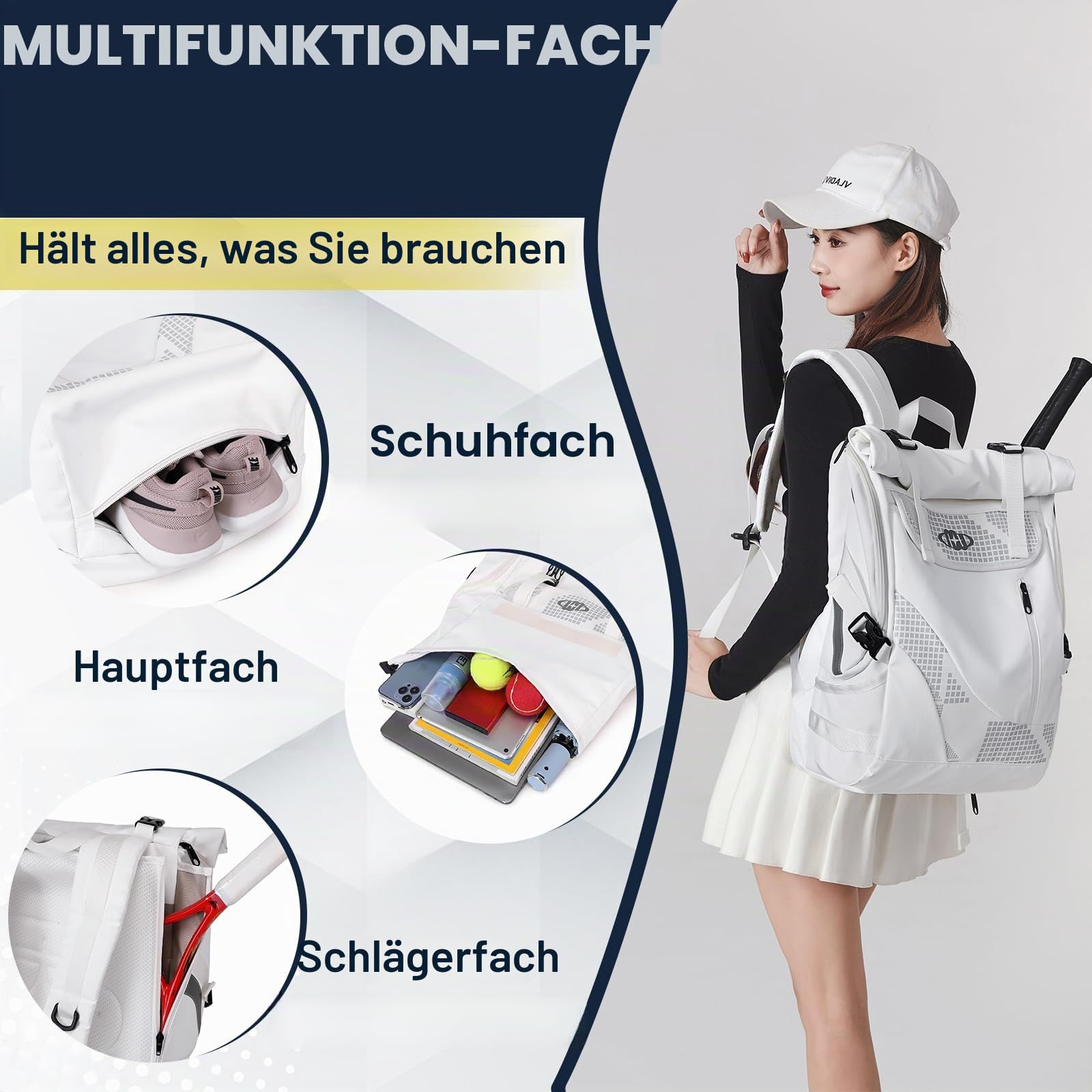 Tennistasche Tennisrucksack für Damen Herren Hält 2 Schläger mit Schuhfach, Große Padel Racket Tasche für Badminton Schläger