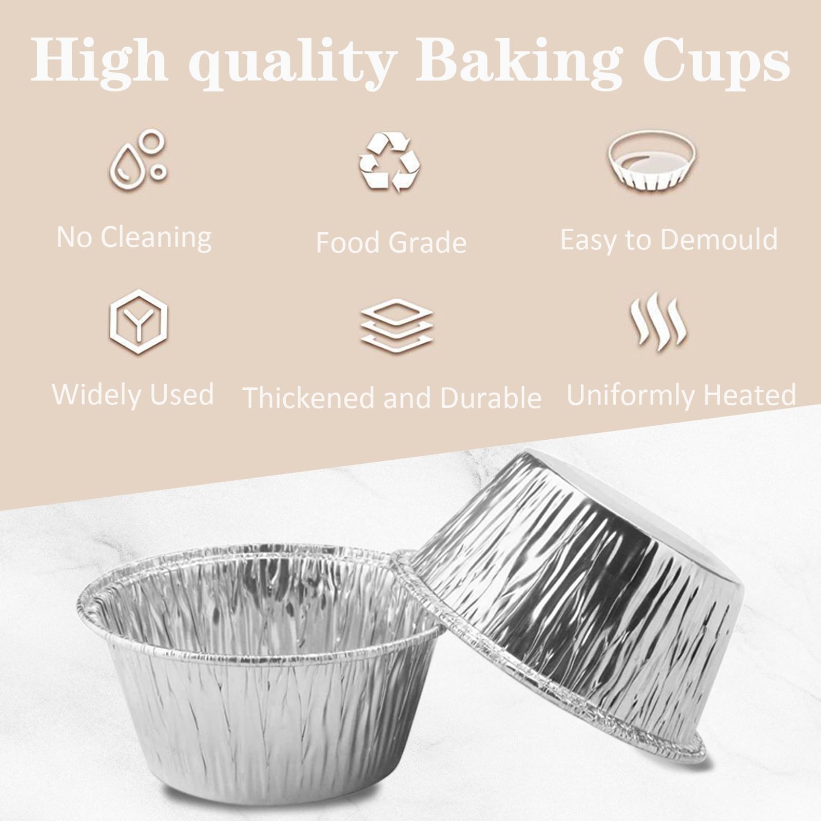 Vasos de aluminio para hornear, paquete de 150 moldes desechables de 113.4 g para magdalenas, moldes de aluminio para magdalenas, moldes de papel de aluminio plateado para tartas, hornear,