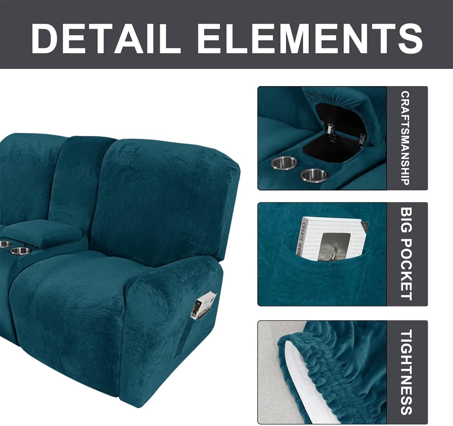 Thick Sofa Covers 2 Seater, Pure Color Sofa Protector, Velvet Easy Fit Elastic Fabric Stretch Couch Slipcover 8 Pieces (H)