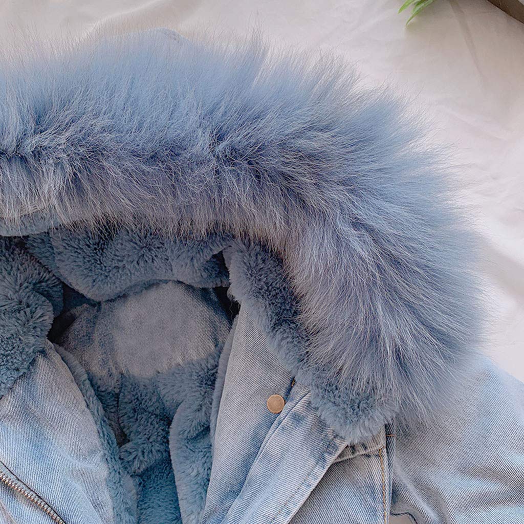 Enfants Fille Manteau dn Denim Manches Longues à Capuche avec Col Fourrure Veste en Jean Rembourré Blouson de Fille Chaude d'hiver avec Fermeture éClair pour Âge 1-6Ans