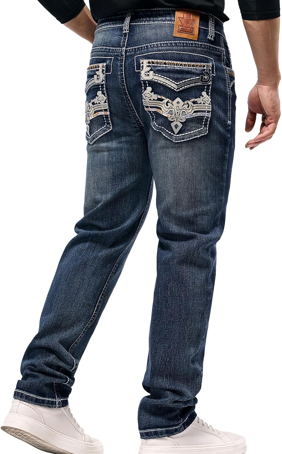 Men's Jeans - Embroidery Washed Crackle Design Jeans Relaxed Fit Stretch Casual Jeans Comfortable Classic Fit Jeans
