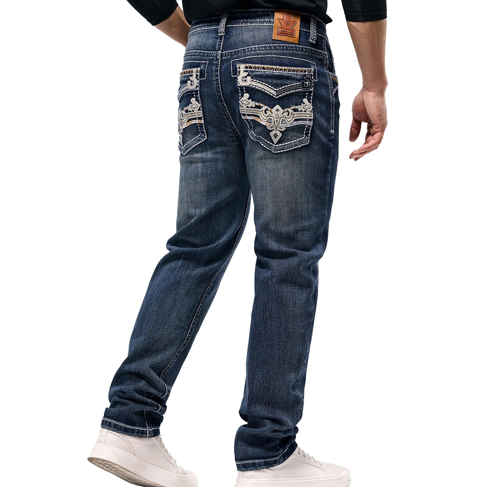 Mens Jeans - Embroidery Washed Crackle Design Jeans Relaxed Fit Stretch Casual Jeans Comfortable Classic Fit Jeans