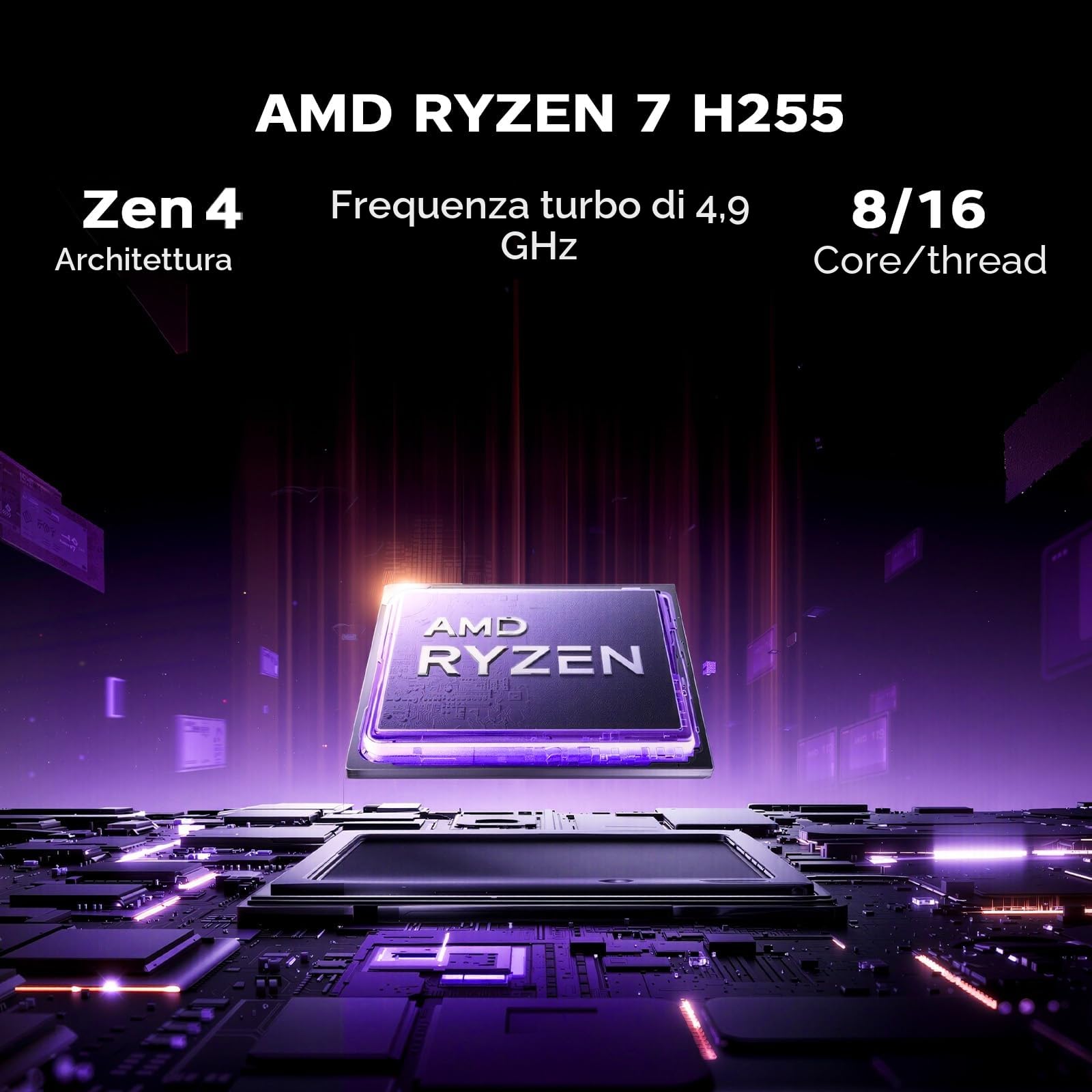 16" PC Portatile Gaming Ryzen 7 H255 Fino a 4,9 GHz, 8 core 16 thread, 16 GB RAM DDR5 4800 MHz, SSD 512 GB, 1920 x 1200 FHD Display Computer Portatile, Tastiera Retroilluminata Laptop, WiFi 6