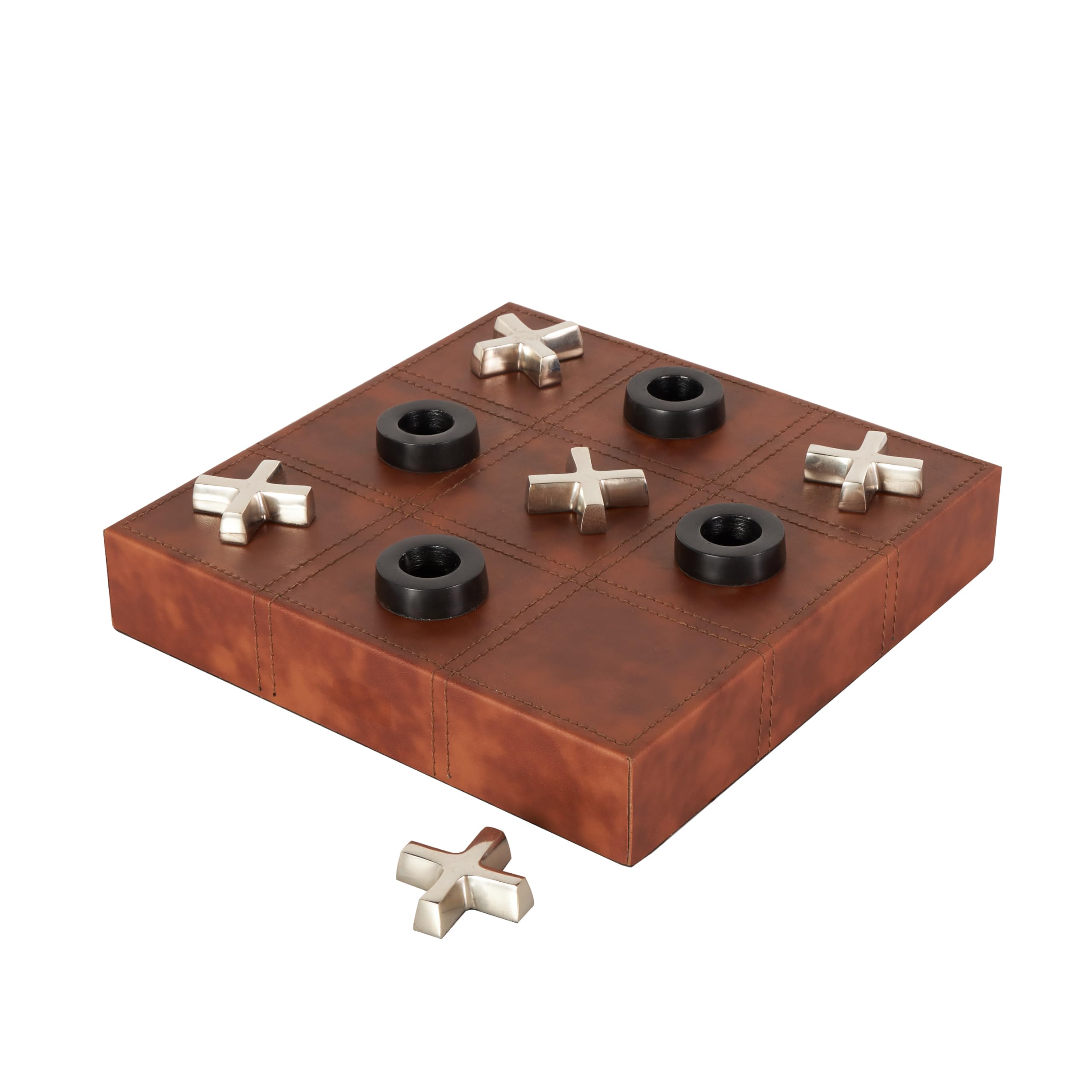 Deco 79 Faux Leather Tic Tac Toe Home Decor Game Set Decorative Board Game with Black and Silver Pieces, Board Game 12" x 12" x 3", Brown
