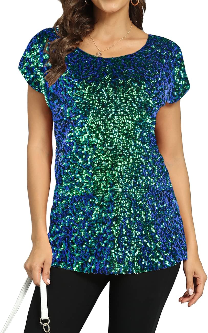 PrettyGuide Women's Sequin Top Shimmer Glitter Loose Bat Sleeve Party Tunic Tops