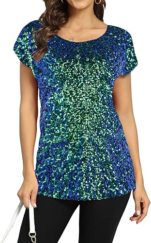 PrettyGuide Women's Sequin Blouse Loose Fit Flashy Party Tops Dolman Sleeve Symp