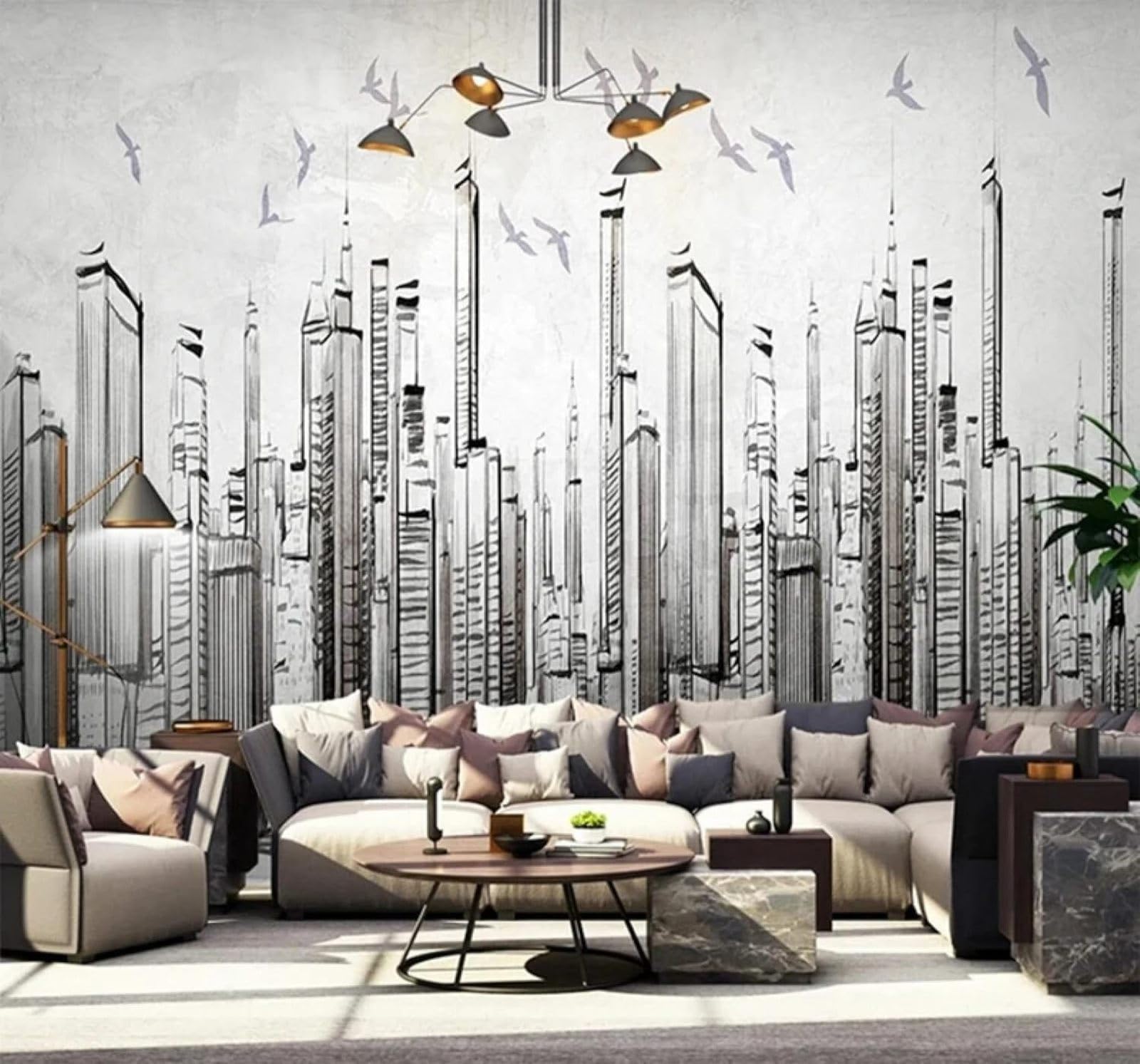 XLMING Hand Drawn Black and White City Architecture Birds in Flight Scenery 3D Wallpaper Premium Textured Silk Study Dining Living Room Bedroom Sofa TV Wall Easy Install-400cm×280cm