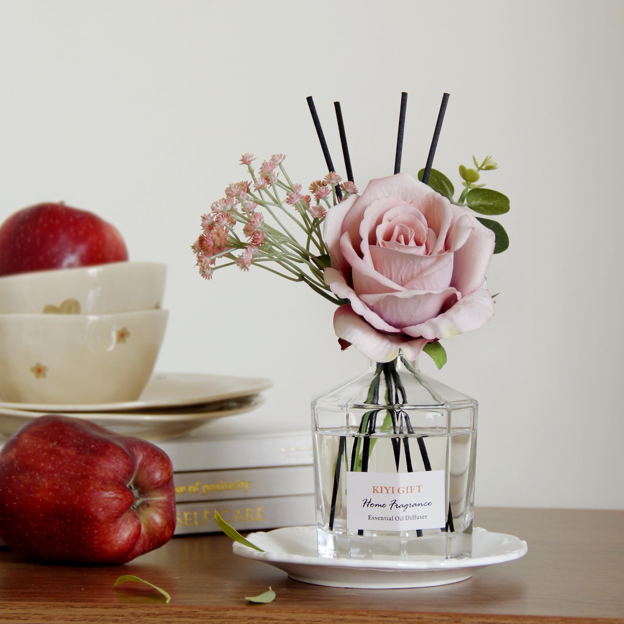 kiyigift Reed Diffuser Set Home Fragrance Diffuser with 6 Sticks Fragrance Diffuser Decoration for Bedroom, Living Room, Bathroom, Office, 8.4 fl oz, Glass Bottle (Jasmine Rose)