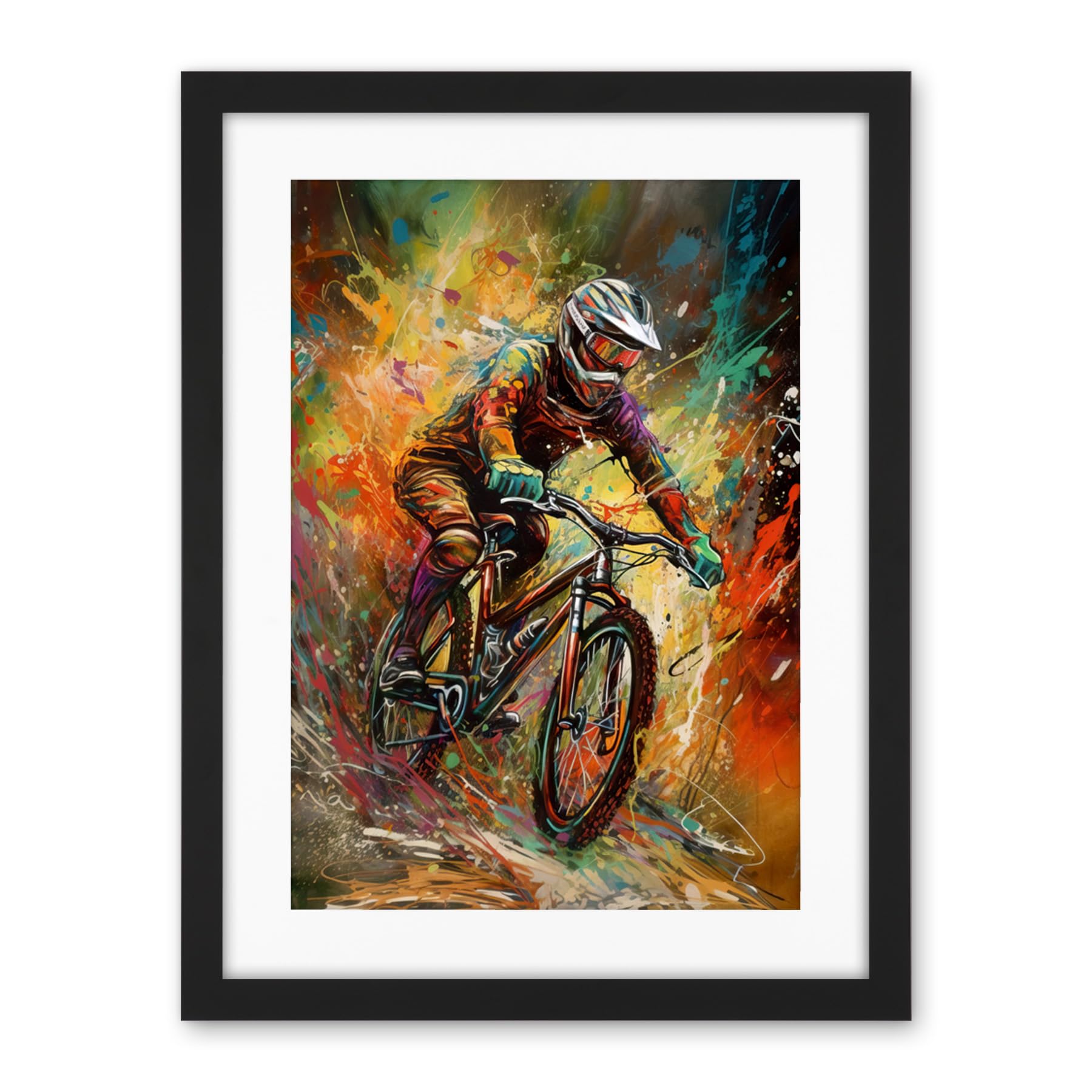 Artery8 Mountain Biker Paint Splat Portrait Action Shot Artwork Framed Wall Art Print 18X24 Inch