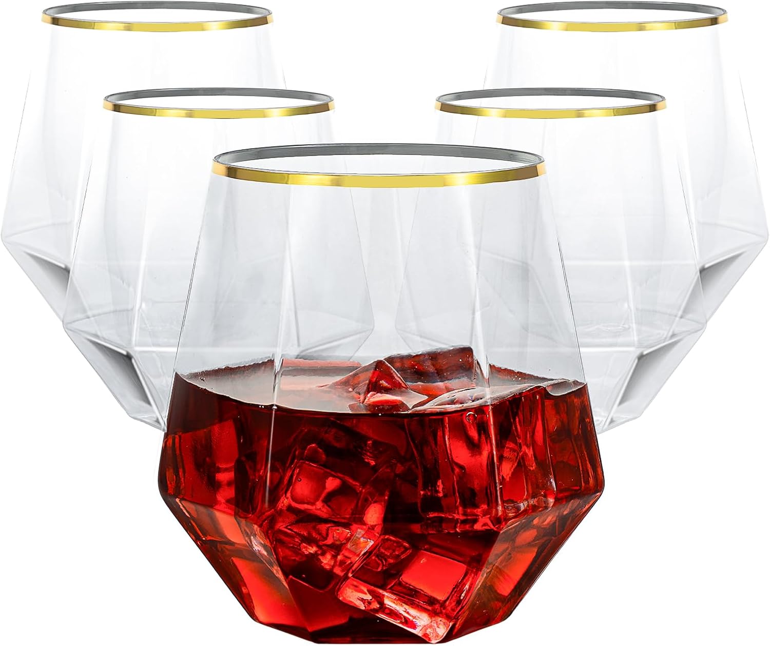 Goodluck 9 PCS Diamond Stemless Plastic Wine Whiskey Glasses, 12 Oz Disposable Cocktail Glasses, Suitable for Weddings, Birthday Parties, Family Gatherings, Bars, etc ?Gold rimmed cups? Clear and Gold