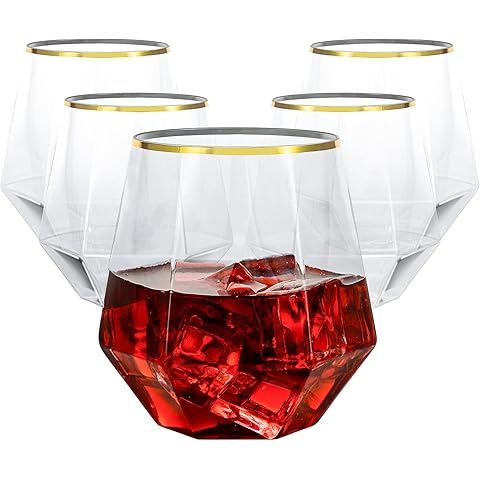 Goodluck 40 PCS Diamond Stemless Plastic Wine Whiskey Glasses, 12 Oz Disposable Cocktail Glasses, Suitable for Weddings, Birthday Parties, Family Gatherings, Bars, etc (Gold rimmed cups)
