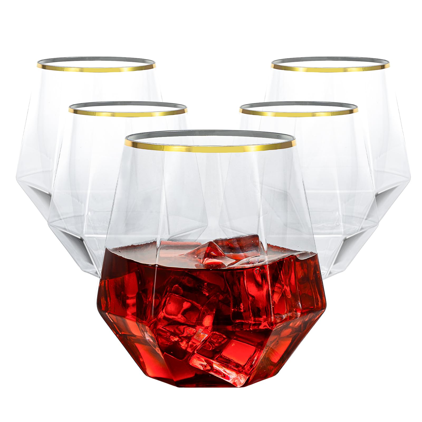Goodluck 40 PCS Diamond Stemless Plastic Wine Whiskey Glasses, 12 Oz Disposable Cocktail Glasses, Suitable for Weddings, Birthday Parties, Family Gatherings, Bars, etc Gold rimmed cups