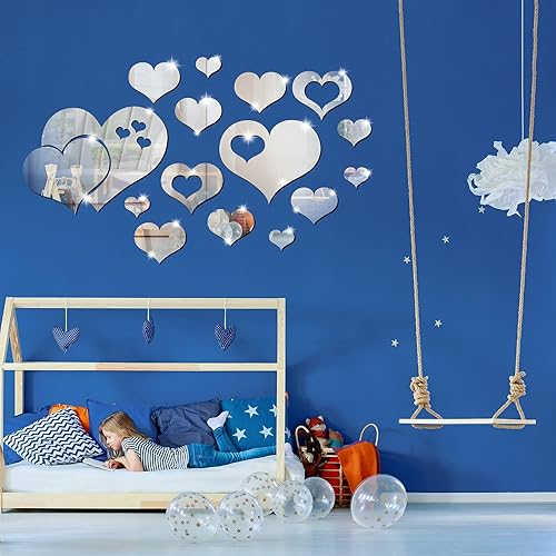 Miniatura 5 de 17 piezas de calcomanías de pared de espejo de corazón acrílico 3D espejos de corazón decoración de pared adhesivo extraíble para sala de estar,